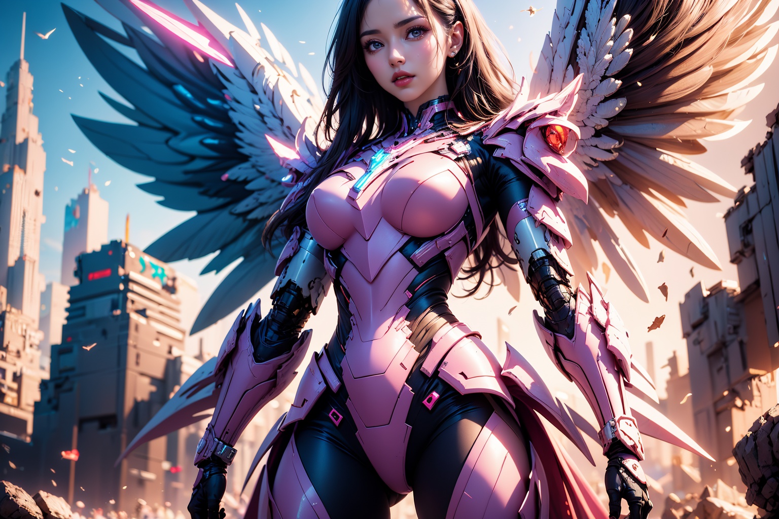 1girl,concept artwork,black hair,(Heroic and heroic girl:1.4),sky,wing,wings with fans,graphics card fan,strong woman mecha warrior,mighty and domineering,cool mecha,32k,pink and white color scheme,white armor,white_background,standing,cowboy_shot,<lora:AGirl_v1:1>,