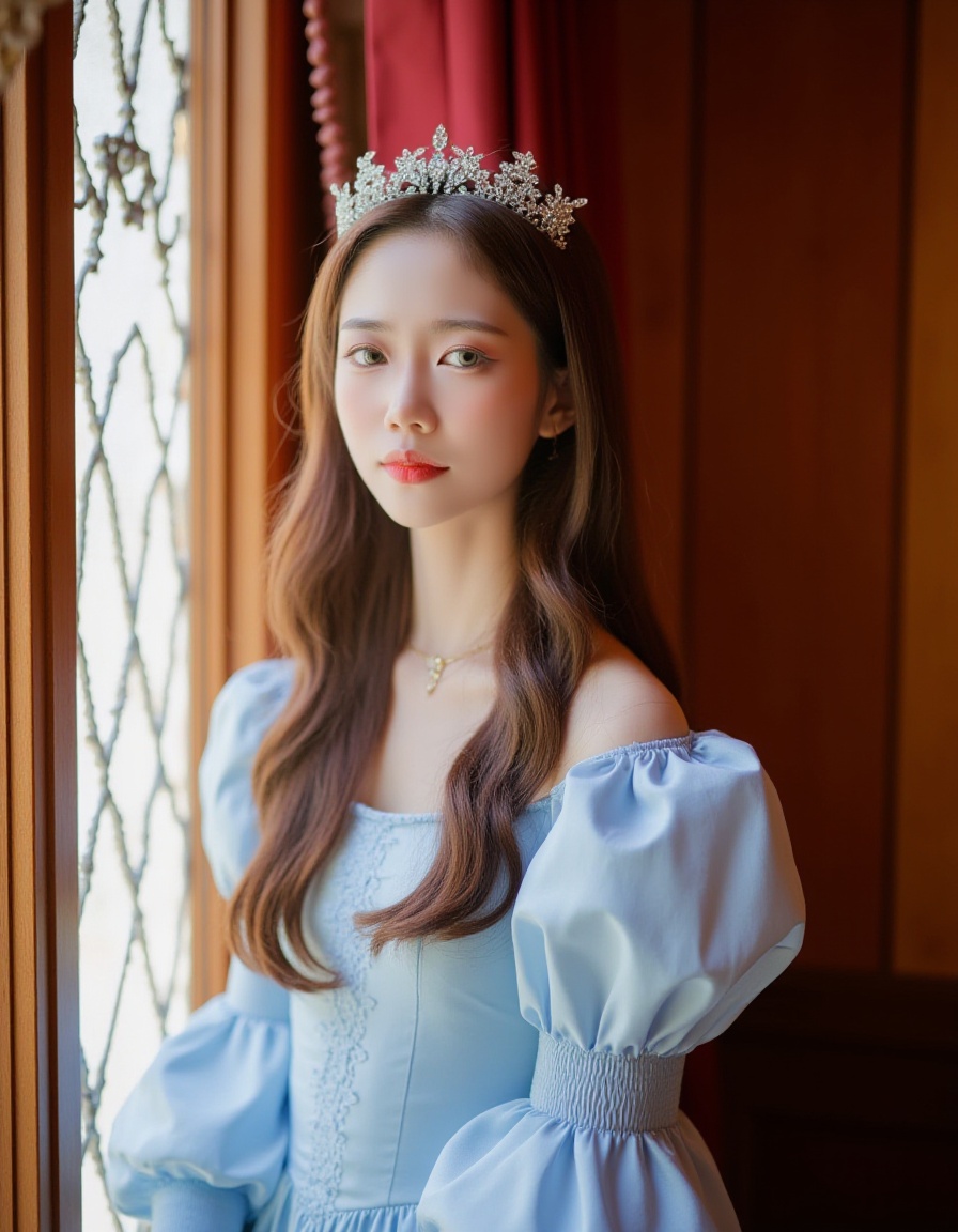 A photograph of a young Asian woman with long, wavy brown hair and a delicate, pale complexion. She wears a light blue, Victorian-style gown with puffed sleeves and a high collar, and a sparkling tiara. She stands by a window with a chain-link design, bathed in soft, natural light, her eyes closed and expression serene. The background features warm, wooden walls and a red curtain, adding to the fairy-tale ambiance. The image exudes elegance and grace.