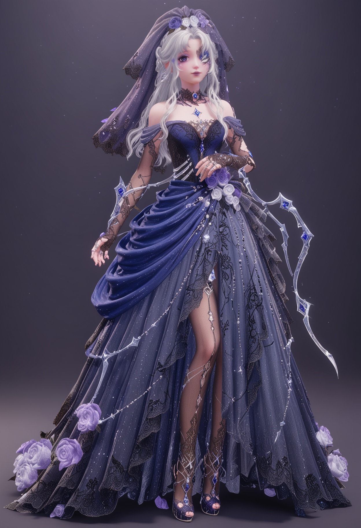 (full_body:1.1),(looking at viewer:1.1),facing viewer,direct gaze,<lora:YQ_pony_nuannuan36_V4:0.8>,q1528437228,1girl,solo,jewelry,long hair,white hair,purple eyes,dress,hair flower,hair ornament,makeup,earrings,gloves,ring,eyepatch,petals,purple lips,bridal gauntlets,pointy ears,blue eyes,grey hair,high heels,one eye covered,choker,pantyhose,long dress,bridal veil,fingerless gloves,necklace,fine fabric emphasis,bow,braid,eyeshadow,BREAK simple background,pure black background,black background,perfect anatomy,