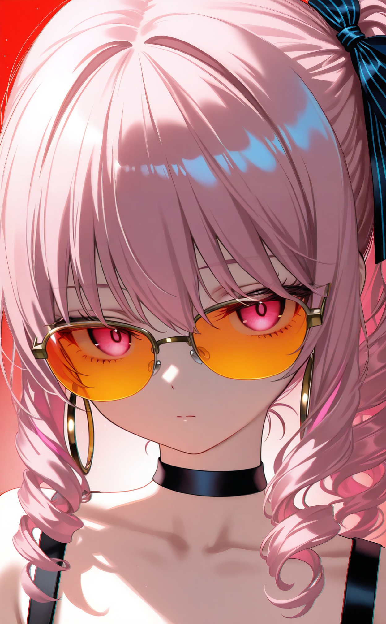 masterpiece,absurdres,best quality,high quality,chromatic_aberration,loli,petite,//,akiyama_mizuki,1other,pink_hair,choker,androgynous,jewelry,side_ponytail,pink_eyes,hoop_earrings,tinted_eyewear,solo,black_choker,red_background,sidelocks,sunglasses,looking_at_viewer,orange-tinted_eyewear,shadow,striped_ribbon,side_drill,earrings,long_hair,drill_hair,ribbon,hair_ribbon,portrait,closed_mouth,star_\(symbol\),glasses,simple_background,looking_over_eyewear,other_focus,collarbone,two-tone_ribbon,eyelashes,light_particles,curly_hair,bow,expressionless,blue_ribbon,black_ribbon,ringlets,//,//,<lora:nyalia——【CKXL测试】hans:1>,