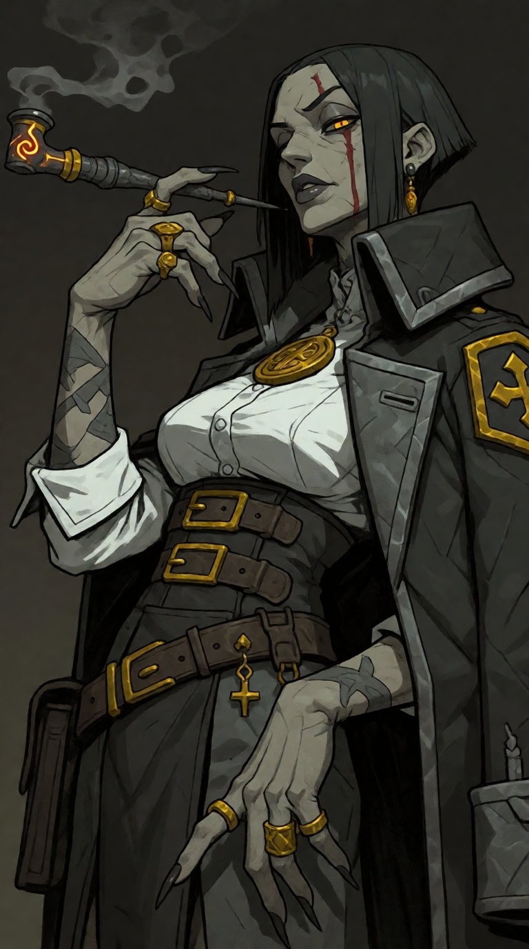 G0ld4r,  A mysterious city watch Sergeant,  with pale skin and close-cropped black hair on Tensor.Art