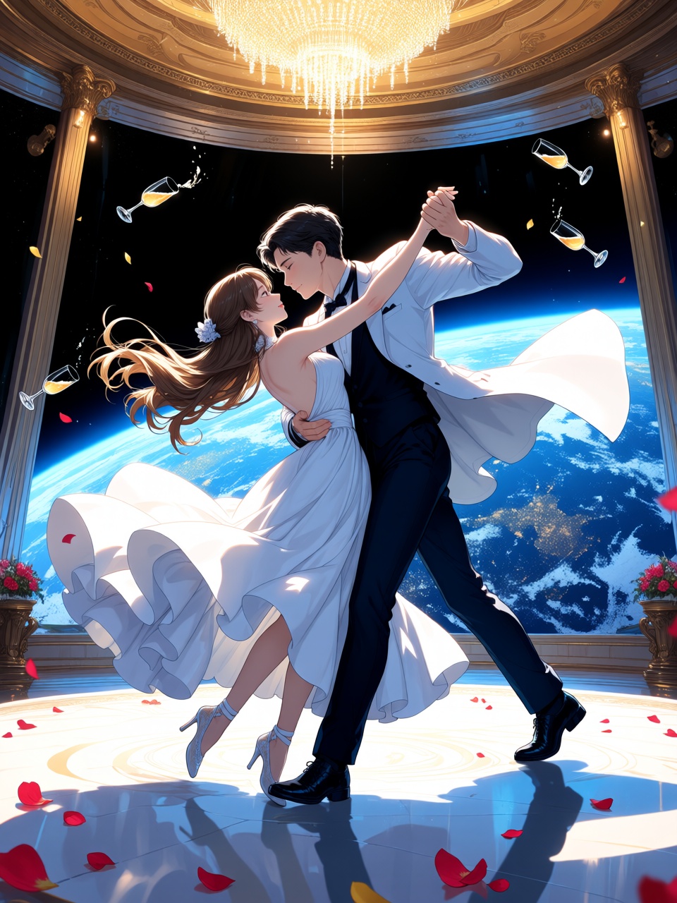 an elegant anime couple dancing in zero gravity inside a luxurious orbital ballroom,  flowing dress and coat suspended aro...