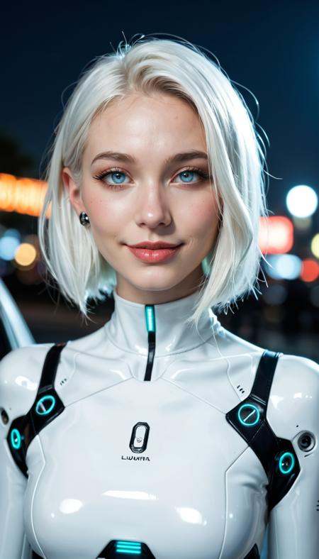 score_9_up, score_8_up, score_7_up, Raw Photo, Portrait, cute android girl, white android, glossy white, seductive, innocent, light smile:0.3, plump lips, slender body, luminous neon white hair, TRON movie, luminous, visible hi-tech parts, avantgarde, futuristic, cinematic lighting, night, depth of field, dynamic angle, photo realistic:1.4, realistic skin:1.4, fashion photography, sharp, analog film grain, hyperdetailed:1.15