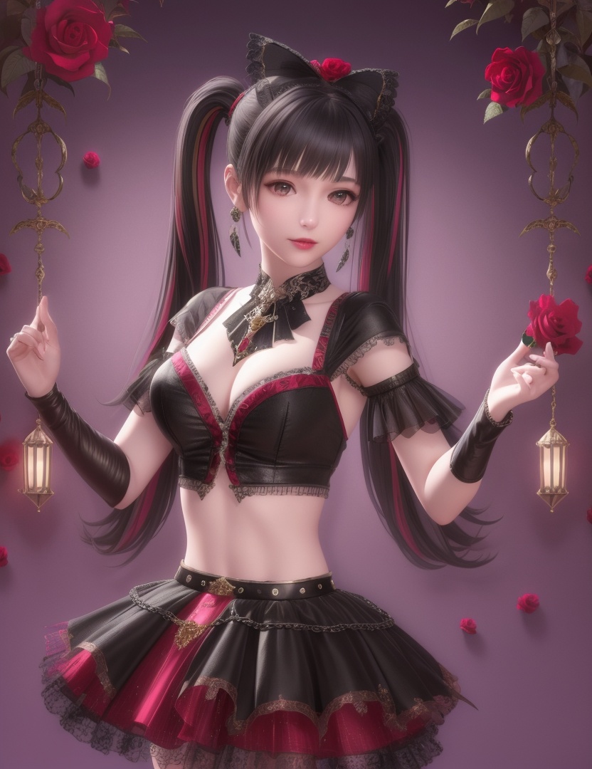 ultra realistic 8k cg, picture-perfect face, flawless, clean, masterpiece, professional artwork, famous artwork, cinematic lighting, cinematic bloom, perfect face, beautiful face, fantasy, dreamlike, unreal, science fiction , beautiful clothes, lace, lace trim, lace-trimmed legwear,  (rich:1.4), prestige, luxury, jewelry, diamond, gold, pearl, gem, sapphire, ruby, emerald, intricate detail, delicate pattern, charming, alluring, seductive, erotic, enchanting, hair ornament, necklace, earrings, bracelet, armlet,halo((,1girl, pov,))  (((,, multiple_girls, 2girls, flower, rose,, multicolored_hair, , midriff, twintails, skirt, large breasts, looking at viewer, )))   <lora:DA_ChloeNightWings:0.6>