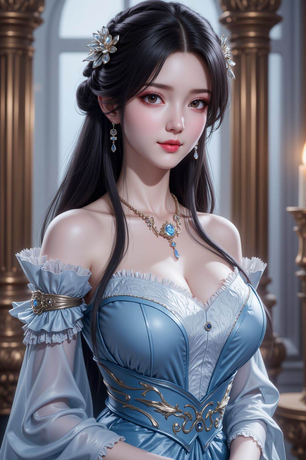 <lora:AgainAnimeGirlF1Lora10_v2:0.8>, 1girl, solo, long hair, breasts, looking at viewer, black hair, dress, cleavage, bare shoulders, jewelry, upper body, braid, earrings, necklace, blue dress <lora:20250521_AgainMouthSizeF1Lora:-1>