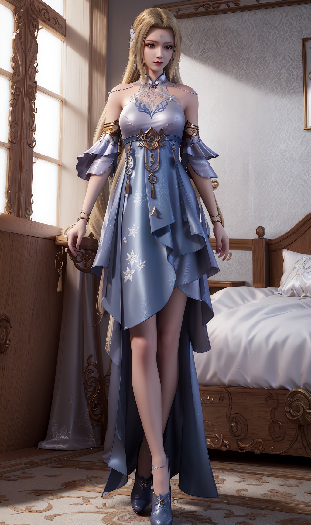 masterpiece,(best quality),3d,(makeup),official art, extremely detailed cg 8k wallpaper,((crystalstexture skin)), (extremely delicate and beautiful),highly detailed,1girl,solo,long hair,headwear,(standing),(blonde_hair),((dress,skirt)),(chinese_clothes),((full_body,whole_body)),(high_heels), (breasts),((hair_ornament)),(sunshine, indoor,(bed)),((looking_at_viewer)),((Facing the camera)),(closed_mouth),, <lora:hipoly3DModelLora_v10:0.3> 