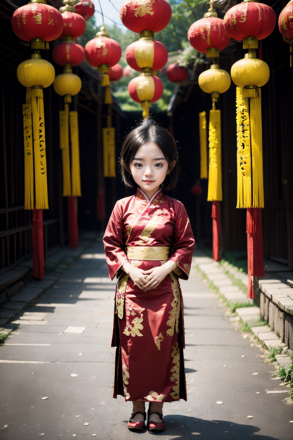 <lora:ChineseNewYear:0.8>, chinese new year, girl, (smirk:-0.4), short hair, arms at sides, red chinese clothes, paper lantern, full body, leather shoes, (chibi:0.5),