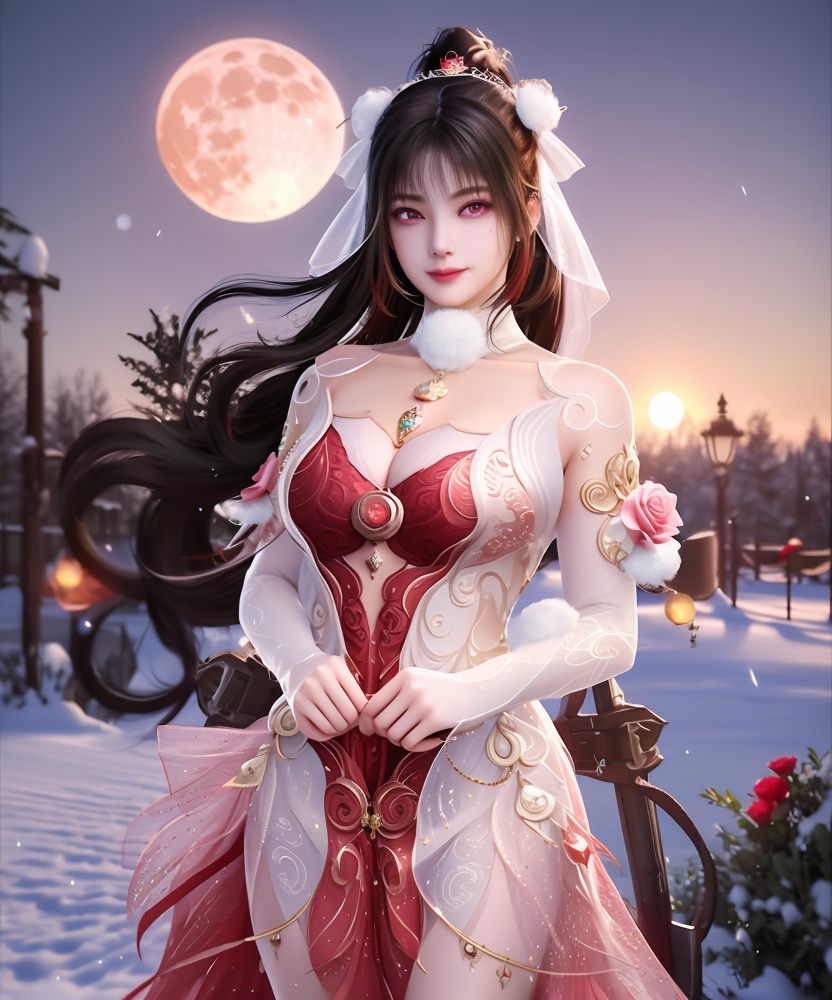 (,1girl, ,best quality, ),looking at viewer, <lora:454-DA-永劫无间-斗罗大陆-小舞:0.8> ,, ,masterpiece, (( , )),, realistic,science fiction,mole, ultra realistic 8k cg, ,      ,outdoors, snow, snowing, snow on head, sun,sunset,sunlight,moonlight,full moon, red moon,  crescent moon,  crescent rose,  black rose,       (cleavage), (),