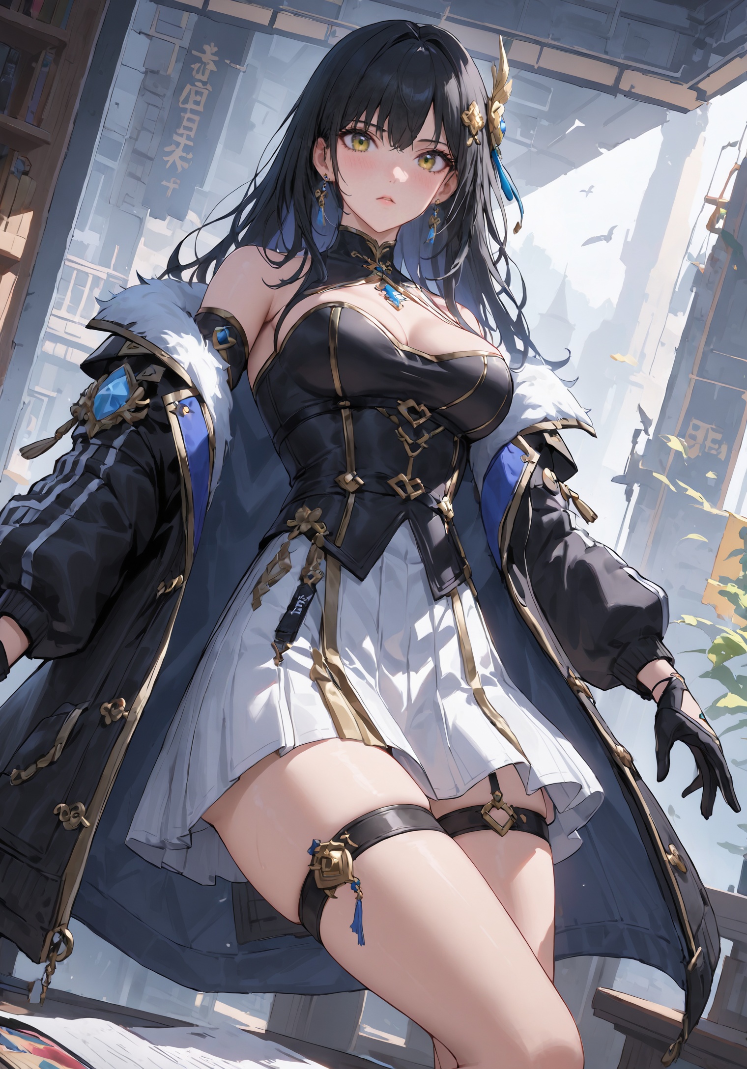 core_9,score_8_up,score_7_up,masterpiece,bestquality,AFLY,MCBZ,1girl,white skirt,off-shoulder skirt,black jacket,the coat is open,long black hair,hair_ornament,<lora:鸣潮白芷:0.45>,black gloves,waist jewelry,thigh_strap,magazine cover angle,