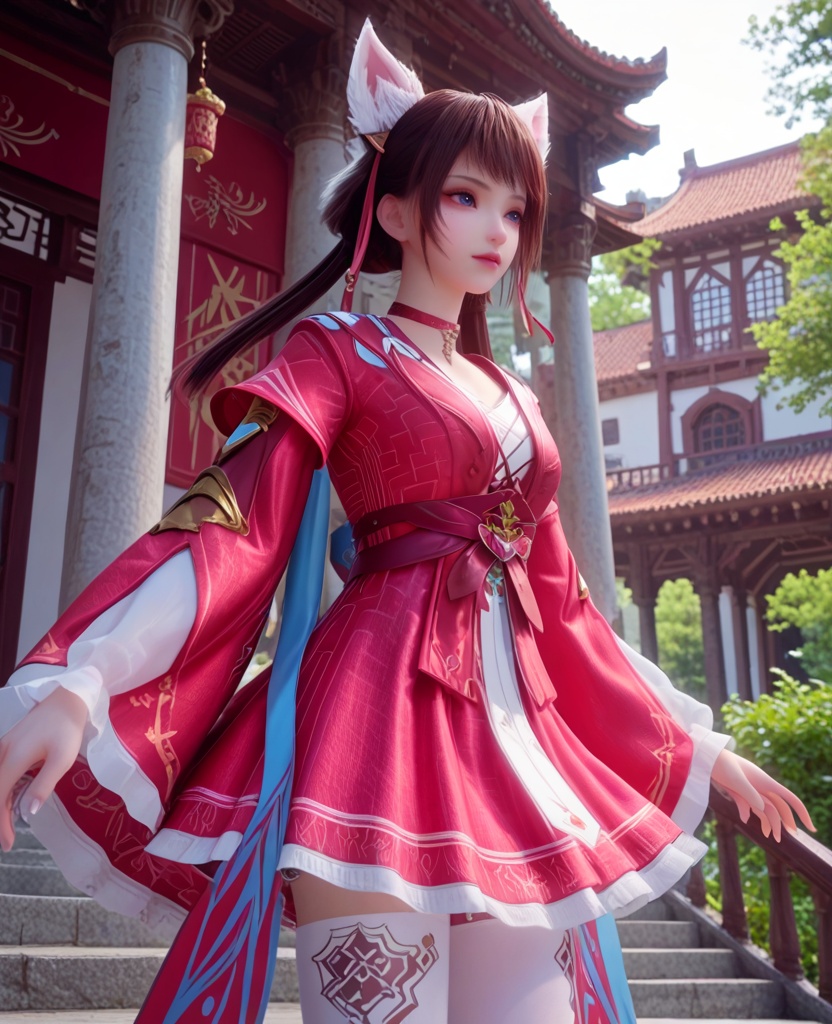 (oriental architecture, elegant decor, sophisticated style:1.1),(yokozuwari:1.1),(breasts:1.2),<lora:XL宗门卧底姜雀:0.95>,miss jiangque,red dress,choker,blue eyes,mole under right eye,bangs,brown hair,twintails,fake fox ears,flare sleeveswhite lining,white thighhighs,sash,white lining,, score_9,score_8_up,score_7_up,score_6_up,score_5_up,score_4_up,3d rendering,tag1,tag2, Cinematic Lighting,backlighting,