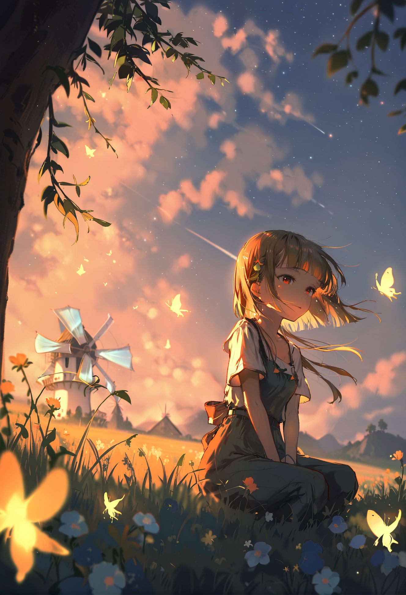 masterpiece, best quality,1girl,   solo, scenery, (sky:1.1), star, (sky:1.1), outdoors, starry sky, night, tree, blurry foreground, bug, night sky, grass, blurry, cloud, plant, butterfly, depth of field, fantasy, flower, pants, red eyes, windmill, dress, nature, short sleeves, v arms, black sky, forest, child, short hair, shirt, blunt bangs, star \(sky\), grasslands <lora:DInoballXLlokr8f-000185:0.95>
