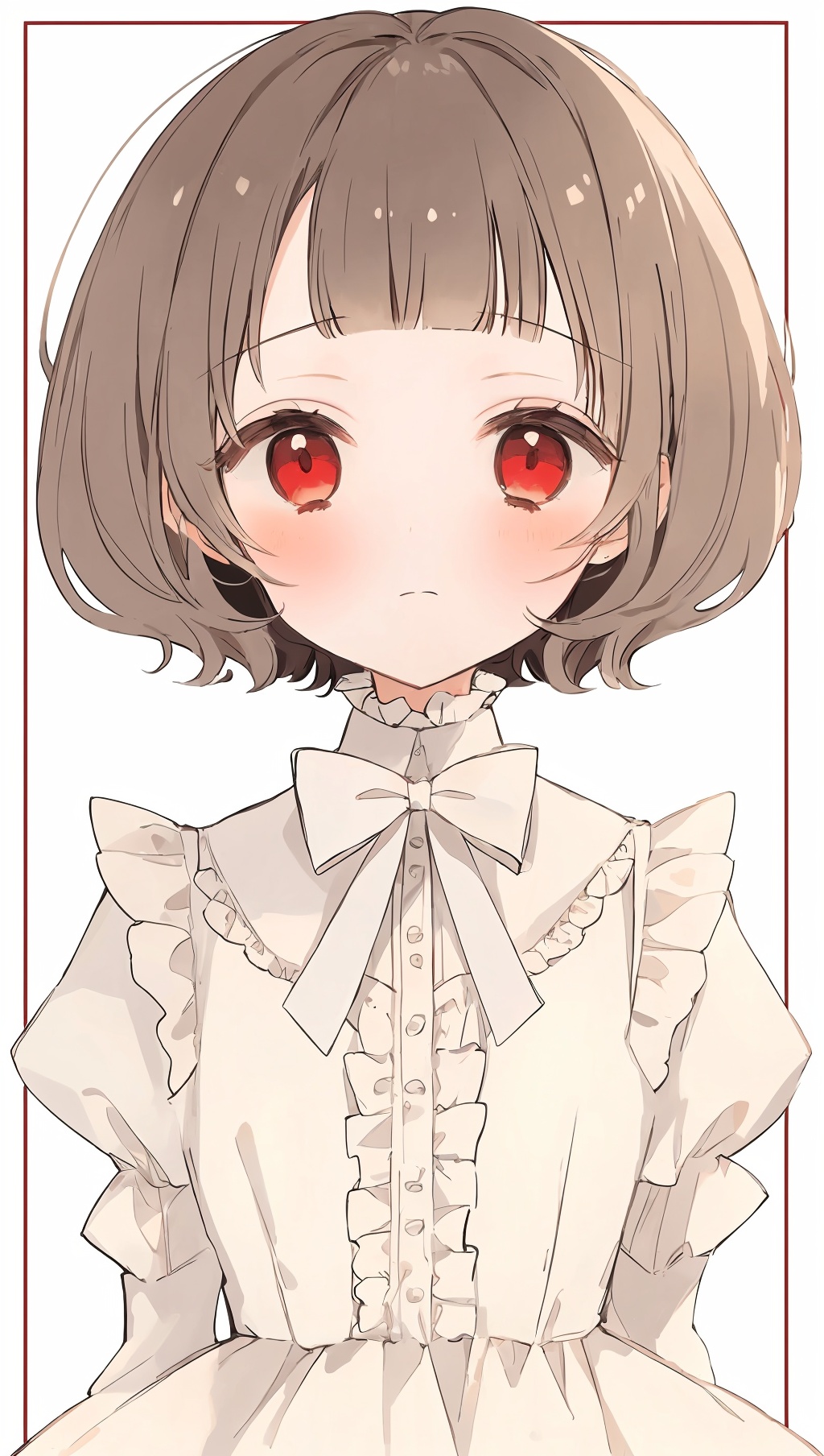 1girl,solo,bow,brown hair,red eyes,blush,short hair,white bow,bangs,upper body,looking at viewer,closed mouth,bowtie,white bowtie,grey background,hair bow,simple background,blunt bangs,frills,shirt,puffy sleeves,white shirt,ribbon,dress,white border,red bow,