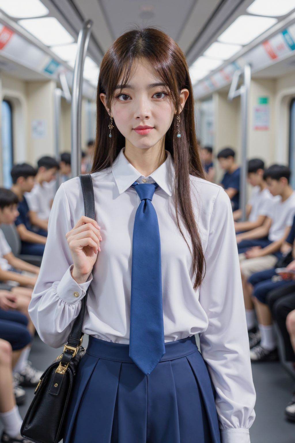 1girl, long hair, looking at viewer, skirt, brown hair, shirt, black hair, long sleeves, holding, brown eyes, jewelry, school uniform, standing, white shirt, pleated skirt, earrings, multiple boys, necktie, solo focus, collared shirt, bag, blurry, lips, blue skirt, ground vehicle, blue necktie, realistic, train interior,