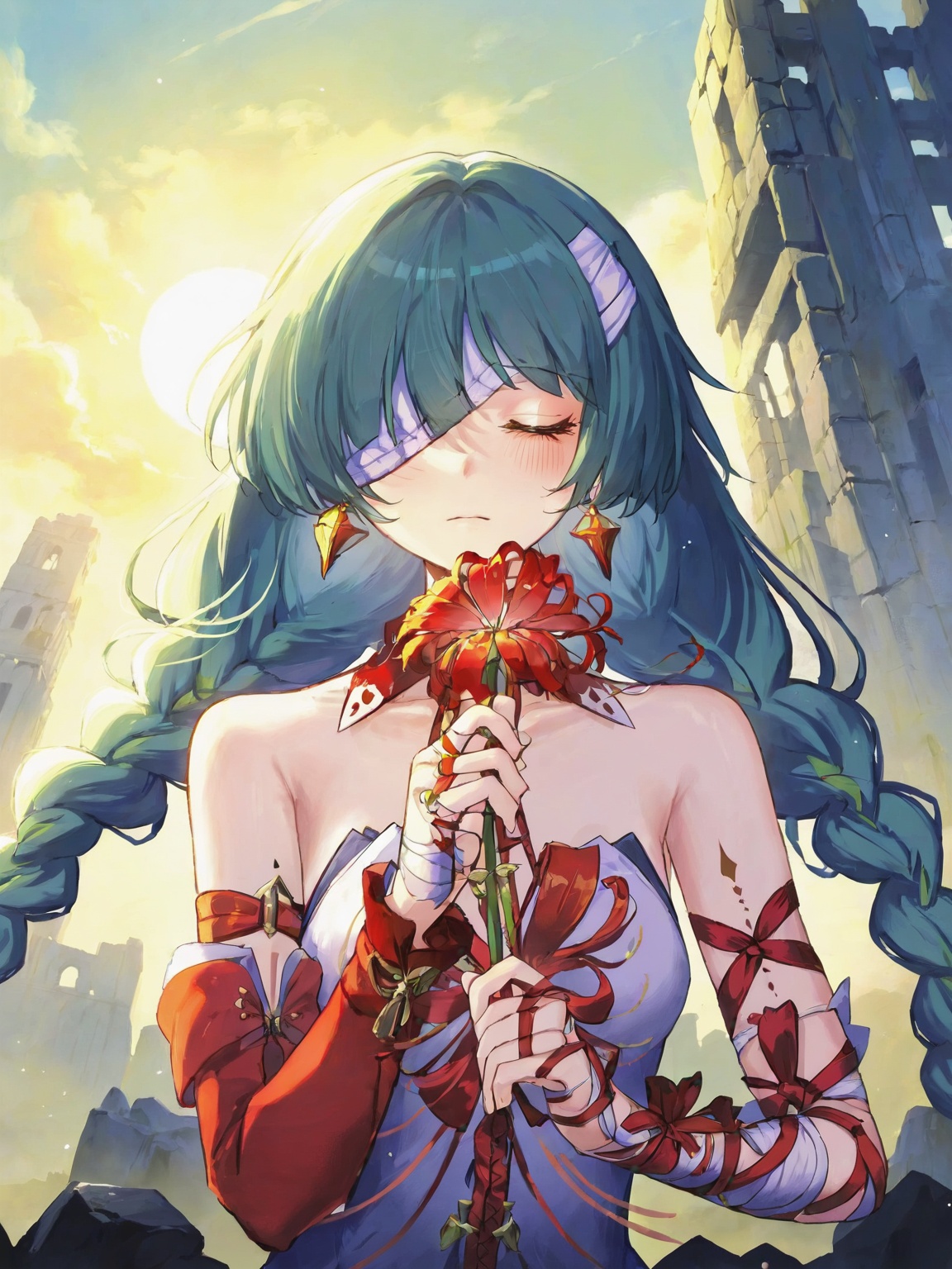 <lora:fll:1>,<lora:ClearHand-V2:1.5>,solo,braid,closed eyes,jewelry,earrings,bandages,twin braids,ruins,holding flower,closed mouth,bandage over one eye,facing viewer,holding,fll,(artist:quasarcake:0.8),