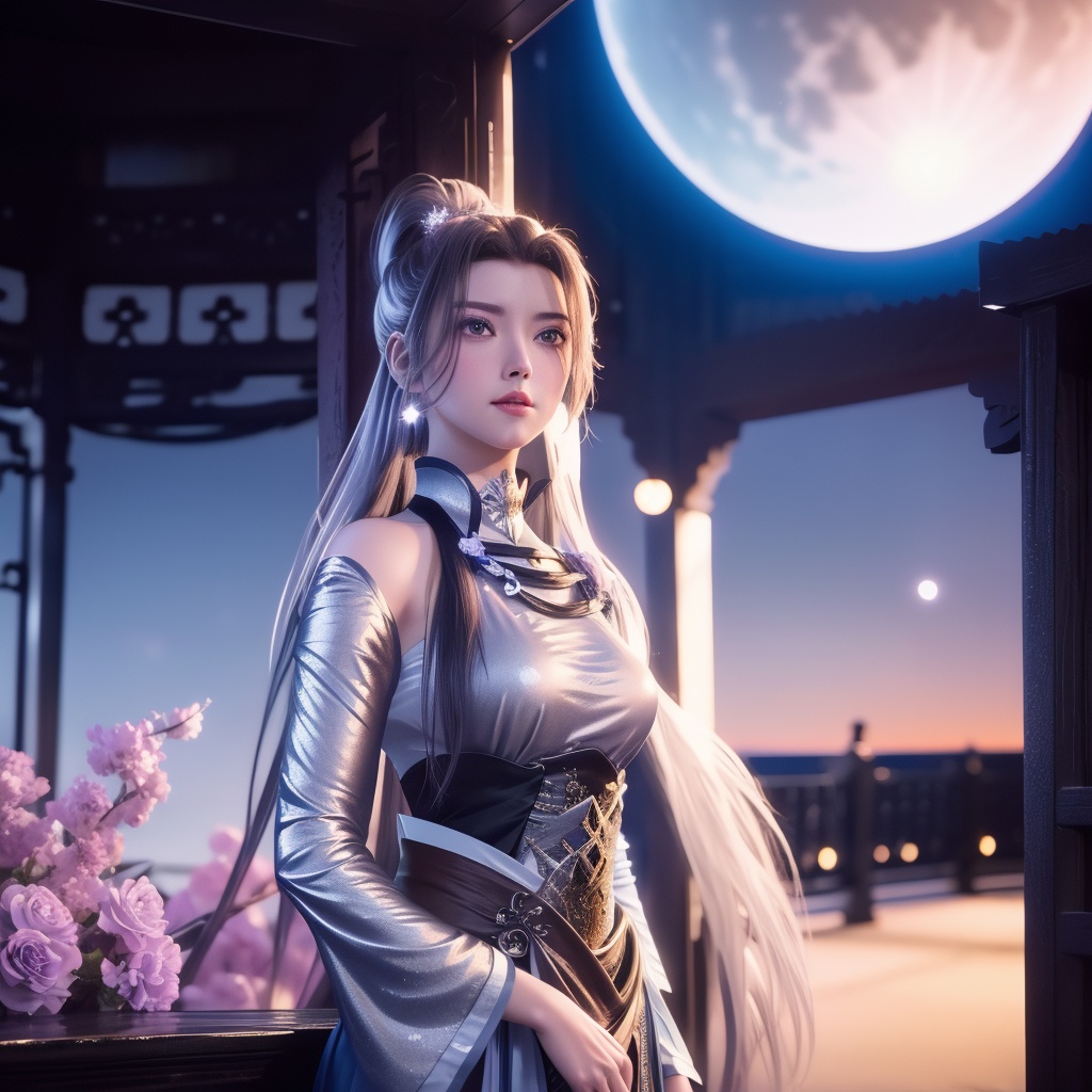 <lora:万界至尊-李雪衣-皮衣:0.8>, (Best Quality: 1.2), Masterpiece, HD, HDR, 8K, (Film Quality: 1.2), Film Tone, Urban Day Scene, Lens 35mm, Depth of Field, Bright Tone, (Film Vignetting: 1.2), Film Grain, Photorealistic, Realistic, Under the gentle glow of the moon, a girl in a hanfu of starlight silver lies on a bed of flowers, her long hair spread out like a galaxy of stars. The flowers around her seem to sparkle in the moonlight, and as she gazes up at the sky, she feels a deep connection to the universe above.