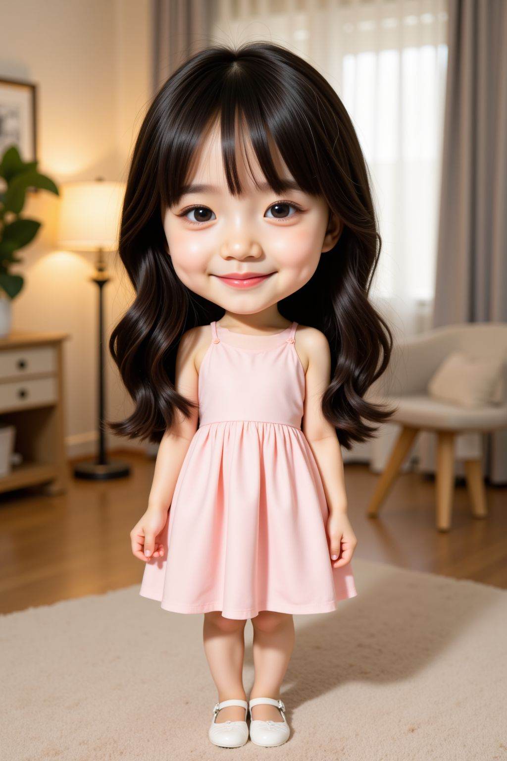 <lora:20250503_AgainCharactersF1Lora:1>, The image is a high-resolution photograph featuring a young girl,solo,looking at viewer,smile,black long hair,standing,full body,dress,indoors,realistic,chibi,