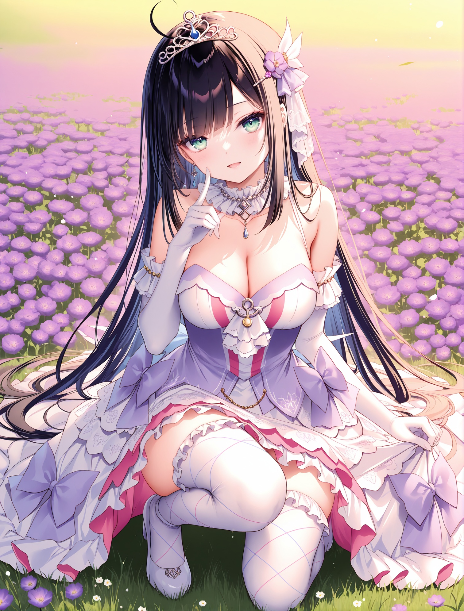 masterpiece, best quality, newest, absurdres, highres,(toosaka asagi: 0.5),(hiten \(hitenkei\):0.4),(rimuu:0.5),(mignon:0.5),(sheya:0.6),light smile,open mouth, ensemble style, sumire(ensemble),1girl,green eyes,black hair,long hair,purple flower hairpin,bangs,aquaidol, white thighhighs, frilled dress, two-tone dress, print thighhighs, frilled thighhighs,elbow gloves,tiara,finger to face, outdoors,,Flower field,full body, on one knee,shoes,<lora:sumireXLNAI:1>,<lora:aquaidolXLNAI:1>