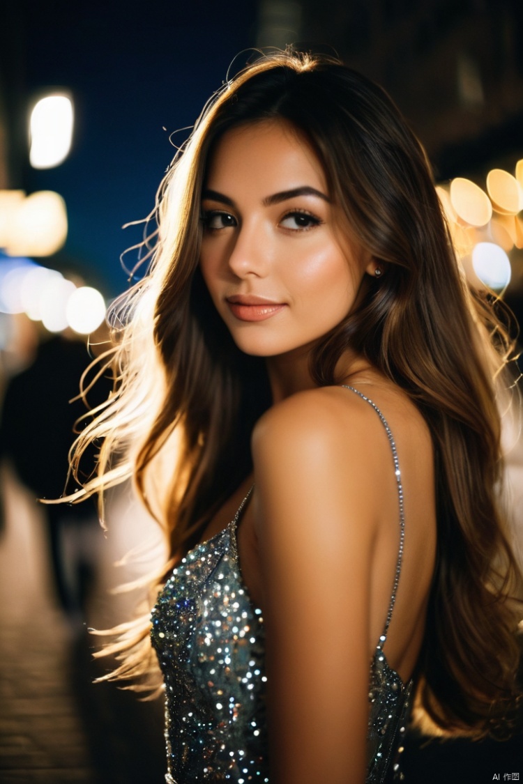 photographic of a girl,Shiny Skin,long hair,dress,Perfect face,In a night of bright lights, BREAK, 35mm photograph, grainy, professional, 8k, highly detailed, Leica M50 F/1.9