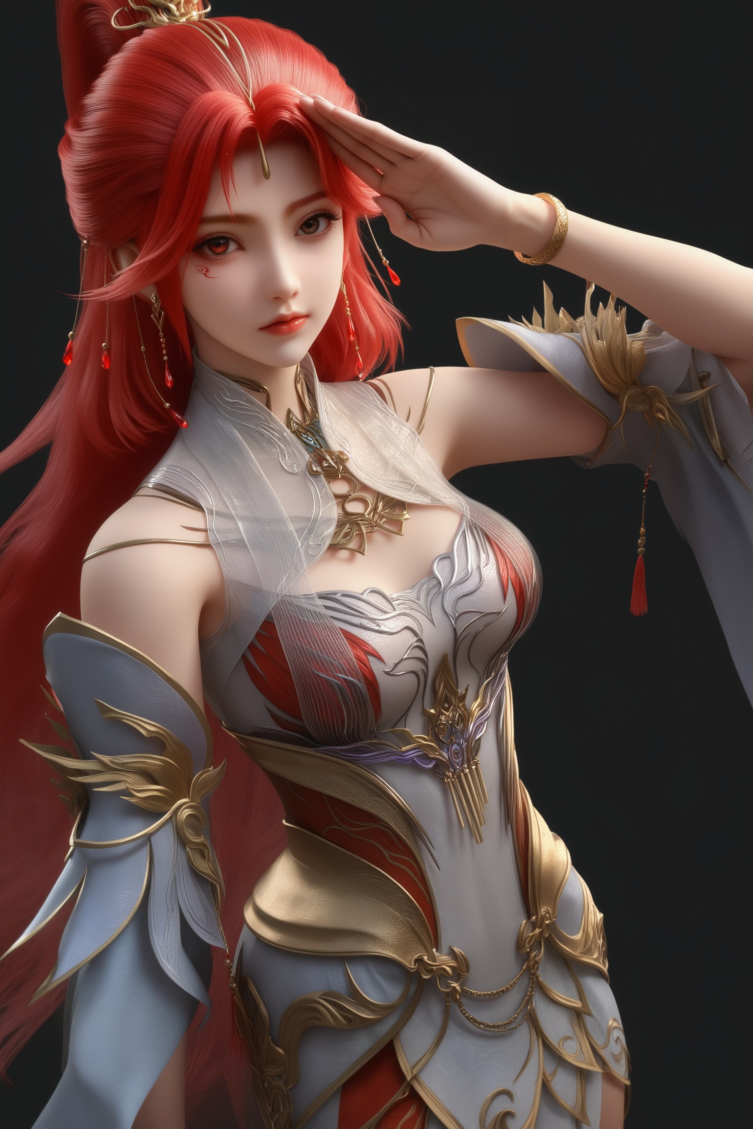 masterpiece,best quality,absurdres,highres,1girl,solo,<lora:火允儿-ill-000009:0.85>,huoyuner,red hair,long hair,high ponytail,makeup,jewelry,hair ornament,dangling earrings,red gemstone,forehead decoration,BREAKcollarbone,sheer overlay,bare shoulders,sheer collar,high collar,detached sleeves,fantasy dress,long skirt,bracelet,high slit skirt,looking at viewer,front view,(salute:1.1),BREAKsimple background,black background,