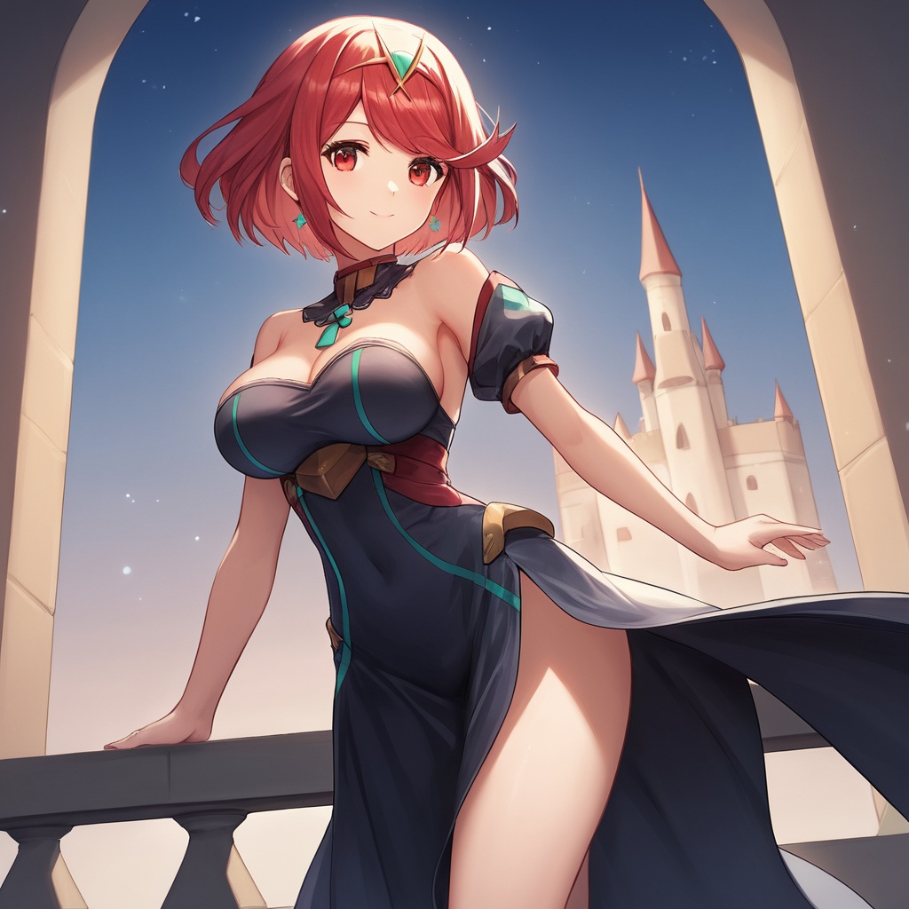 (skirt_hold:1.2),score_9,score_8_up,score_7_up,source_anime,formal_dress,long_dress,pyra \(xenoblade\),<lora:pyrapony-V44:0.4>,1girl,solo,smile,red eyes,red hair,short hair,large breasts,tiara,earrings,jewelry,swept bangs,thighs,(leaning_forward:0.6),cowboy_shot,castle,indoor,night,<lora:Fixhands_anime_bdsqlsz_V1:1>,