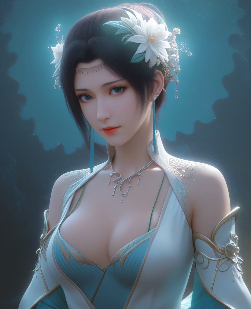 <lora:575-DA-XL-斗破苍穹-云韵-绿服:0.8>(,1girl, ,best quality, ),looking at viewer,,anime,(masterpiece, top quality, best quality, official art, beautiful and aesthetic:1.2), (1girl)	, , (cleavage),extreme detailed,(fractal art:1.3),colorful, flowers ,highest detailed,(by Jeremy Lipking)    (cleavage), (),