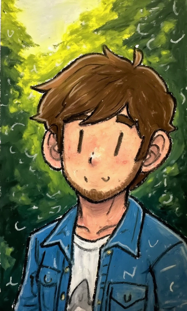 <lora:油画棒:1>，youhuabang-This is a high-resolution cartoon style image,The subject of the image is a young man with disheveled brown hair and a beard. His gaze is directed towards the left of the lens, and his expression is calm. He is wearing a blue denim jacket over a white shirt with a pattern. His build is average, and he appears to be dressed casually. His hair color is a light brown, reaching just below his shoulders, without bangs. The background features a dense forest, with sunlight filtering through the leaves, casting a warm glow over the entire scene.