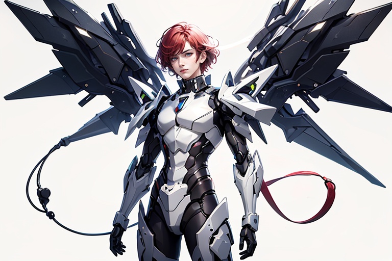 1boy,concept artwork,red hair,(a lonely solo boy:1.4),sky,wing,sitting on the ground,wings with fans,graphics card fan,strong male mecha warrior,mighty and domineering,cool mecha,32k,blue and white color scheme,white armor,<lora:atai_20240121203524-000008:0.7>,white_background,standing,cowboy_shot,