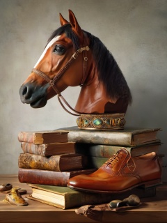 xingudian,no humans,realistic,horse,book,shoes,still life,masterpiece,8K,realistic,UHD,<lora:xingudian 1.0:1>,
