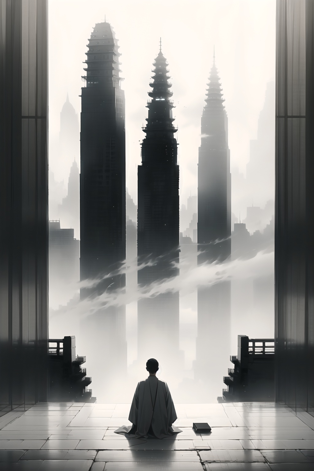 greyscale, monochrome, 1boy, solo, building, sitting, from behind, silhouette, male focus, shadow, city