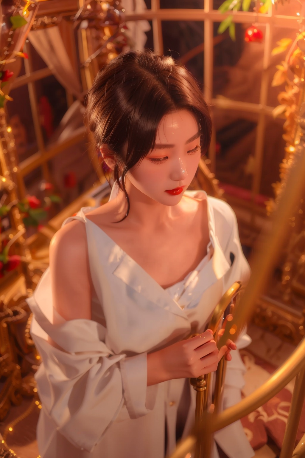 longzhongque,sunlight,magnificent,golden birdcage,1girl,solo,black hair,hickey,red lips,lipstick mark,indoors,lipstick,upper body,short hair,**********,robe,makeup,looking down,white dress,closed mouth,dress,black eyes,brown hair,white shirt,<lora:longzhongque_v1_5_512:0.8>,