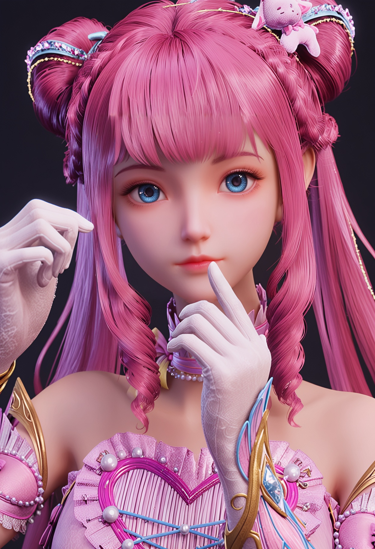 (looking_at_viewer:1.2),upper_body,<lora:YQ_pony_chenyinger_V4:0.8>,solo,1girl,q1528437228,long hair,pink hair,hair bun,pink dress,hair ornament,double bun,blue eyes,drill hair,gloves,twintails,bow,choker,twin drills,jewelry,white gloves,blunt bangs,braid,very long hair,high heels,necklace,stuffed animal,simple background,pure black background,black background,