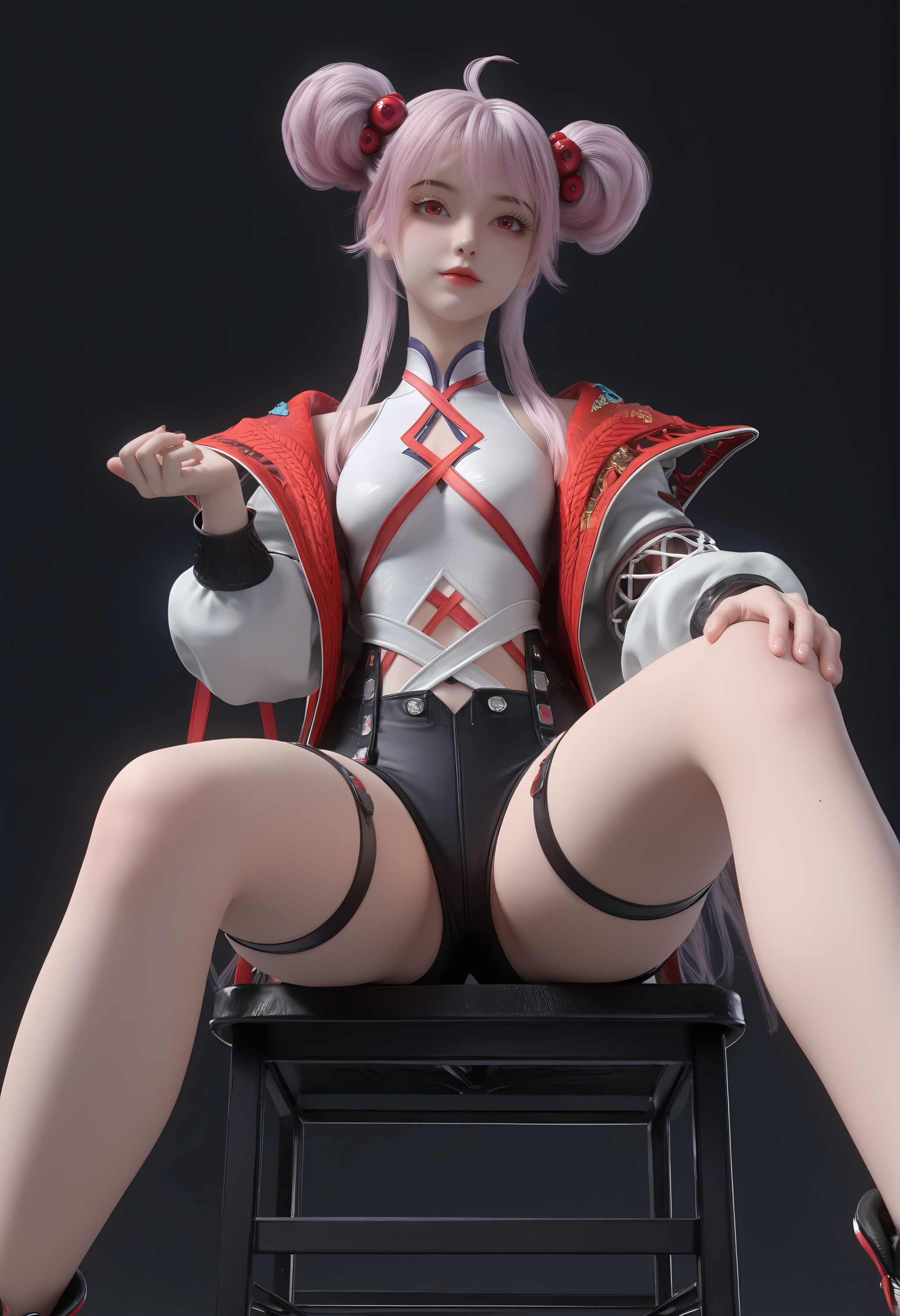 (score_9),<lora:炙珠-apony-000008:0.83>,zizhu,1girl,solo,red eyes,double bun,hair ornament,pink hair,ahoge,open jacket,sleeveless topwear,puffy sleeves,short shorts,single thighhigh,thigh strap,(single_thighhigh),sneakers,mature_female,collarbone,BREAK<lora:Expressive_H-000001:0.8>,light blush,Expressiveh,looking at viewer,front view,dutch angle,dynamic_angle,sitting,crossed legs,<lora:e肤色滑块:0.25>,fair_skin,(pale skin),ultra-detailed skin texture,detailed textures,<lora:皮肤凹痕:1.2>,<lora:RealisticSkinv1_ponyv6_loraplus:0.3>,real skin,BREAKsimple background,black background,<lora:e色温:0.25>,4K ultra HD,sharp focus,high detail,high contrast,