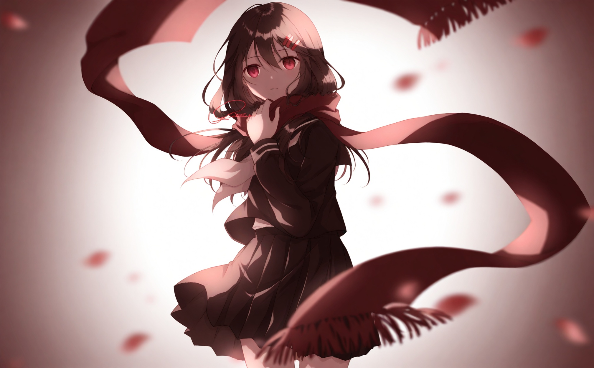 best, 1girl, tateyama ayano, solo, red scarf, enpera, school uniform, scarf, red eyes, skirt, fringe trim, serafuku, hair ornament, pleated skirt, white neckerchief, black skirt, long hair, hairclip, neckerchief, blurry, gradient background, black serafuku, brown hair, long sleeves, sailor collar, blurry foreground, black sailor collar, adjusting scarf, hair between eyes, winter uniform, floating scarf, single stripe, depth of field, looking at viewer, parted lips, shirt, petals, cowboy shot, signature, white stripes, white background, expressionless, closed mouth, midriff peek, limited palette, vignetting, hand up, artist name, wind, red theme, black shirt, grey background, black hair, sleeve cuffs, blurry background, twitter username, multiple hairpins, motion blur, simple background, pink background, standing, falling petals, brown background, looking to the side, :|, double-parted bangs, light brown background, empty eyes, light frown, white sky, holding, sidelighting<lora:lp42.e-000046:0.8>