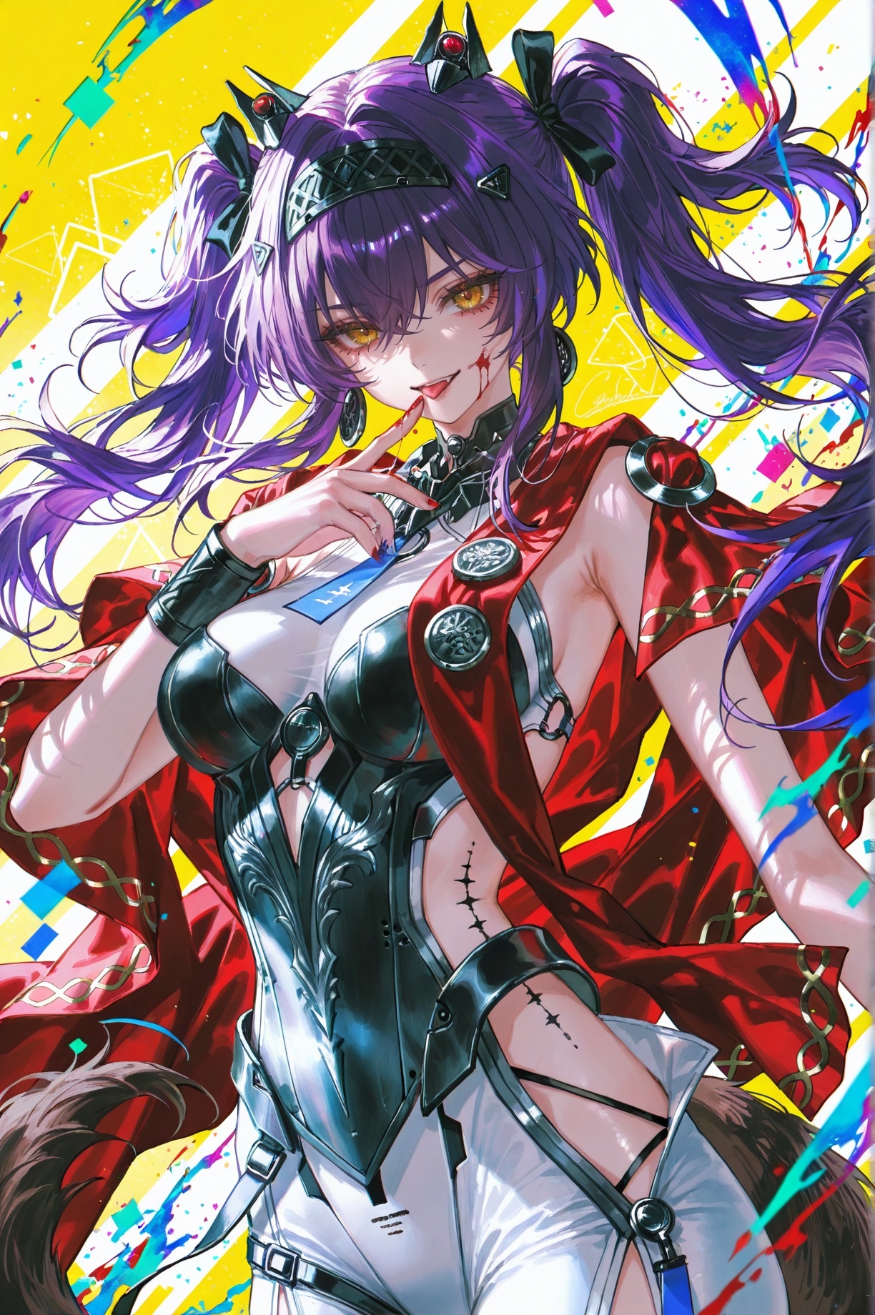 8k,best quality,masterpiece,(ultra-detailed),(high detailed skin),artist:john kafka,(artist:wanke:0.9),artist:fuzichoco,artist:quasarcake,(artist:nixeu:0.8),(1girl:1.2),upper body,light grin,chromatic aberration,cyberpunk,licking finger,glitch lump on face,lens_flare,colorful,chromatic aberration,dynamic pov,Chromatic Aberration,Glitch lettering,abstract art,(clear lines:1.1),(squares:1.1),bright,limited palette,canonical composition,(neat diagonal striped background:1.2),(Light Yellow background:1.1),ultra-detailed,film grain,geometry stripe,genderswap,blood on face,<lora:lupawave-noob-Tanger:0.8>,lupa \(Wuthering Waves\),clothes: lupadef armed bodysuit,lupa hair ornament,waist black mark,lupadef Red Shawl,1girl,twintails,breasts,purple hair,yellow eyes,cape,thighhighs,tail,