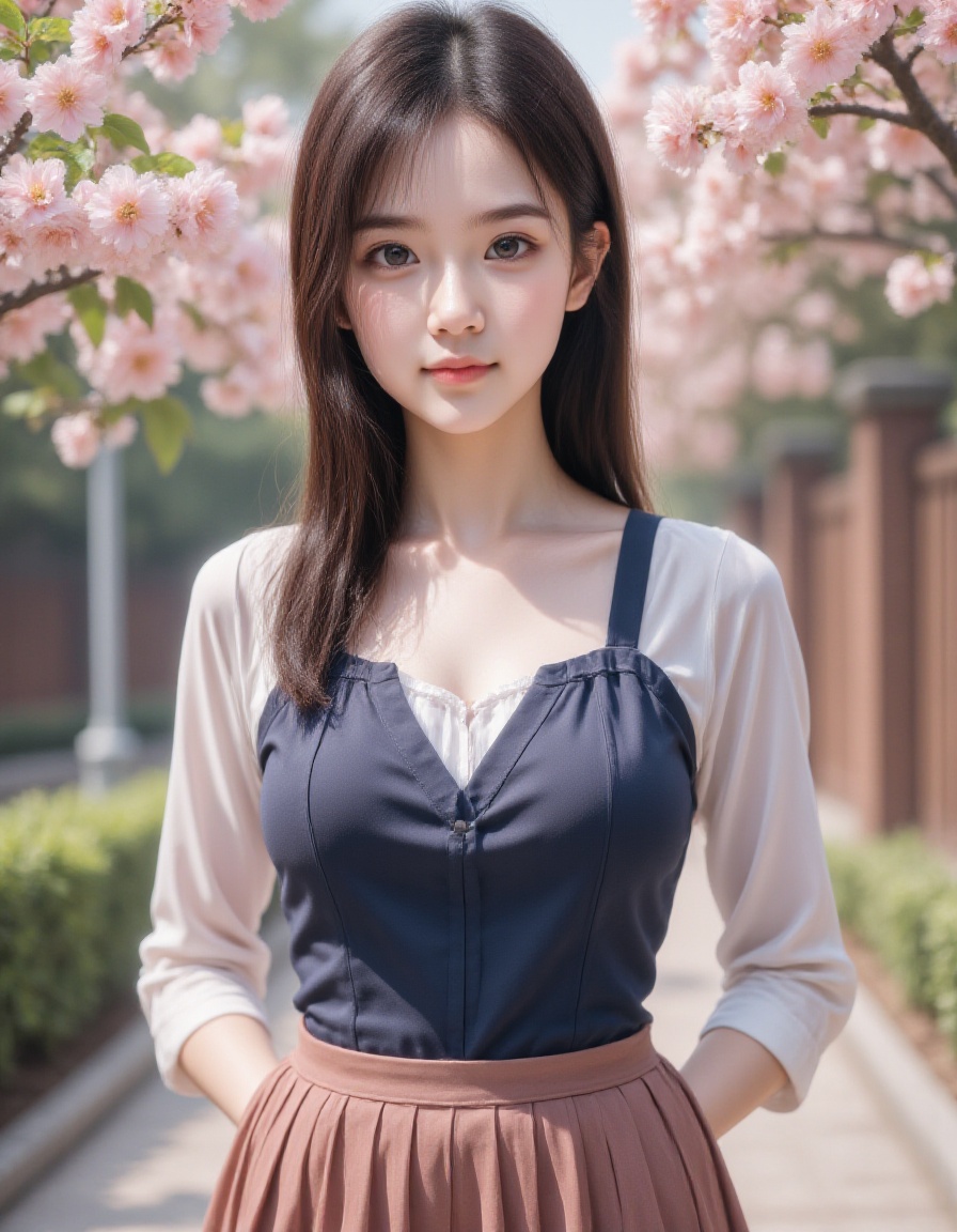 <lora:20250110_Again_Girl_F.1_6:1>,HDR photo, high quality, masterpiece, realistic, photorealistic, ultra high res, highly detailed skin, 1girl, solo, smile, centered shot, from front, face and waist, long hair, look at viewer, cute face, symmetrical body, breasts, perfect anatomy, school uniform, pleated skirt, peach blossom, flower petal