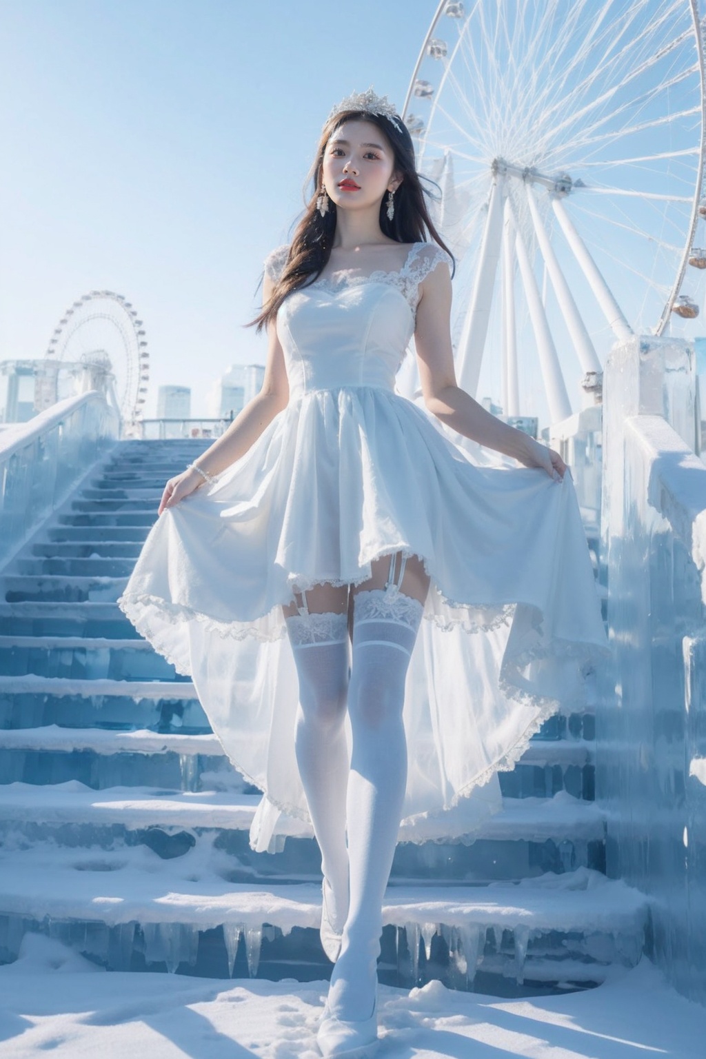 wearing a white dress,a girl wearing a wedding dress,white dress,ice and snow crown,high end long tail wedding dress,long legs,(white stockings:1.2),sky,cloud,ice castle,ferris wheel,looking_at_viewer,standing,<lora:Ice and Snow World_20231223195220-000010:0.7>,nikon lens,ice steps,1girl,solo,earrings,long hair,jewelry,realistic,brown hair,brown eyes,snowflakes,drifting snowflakes,