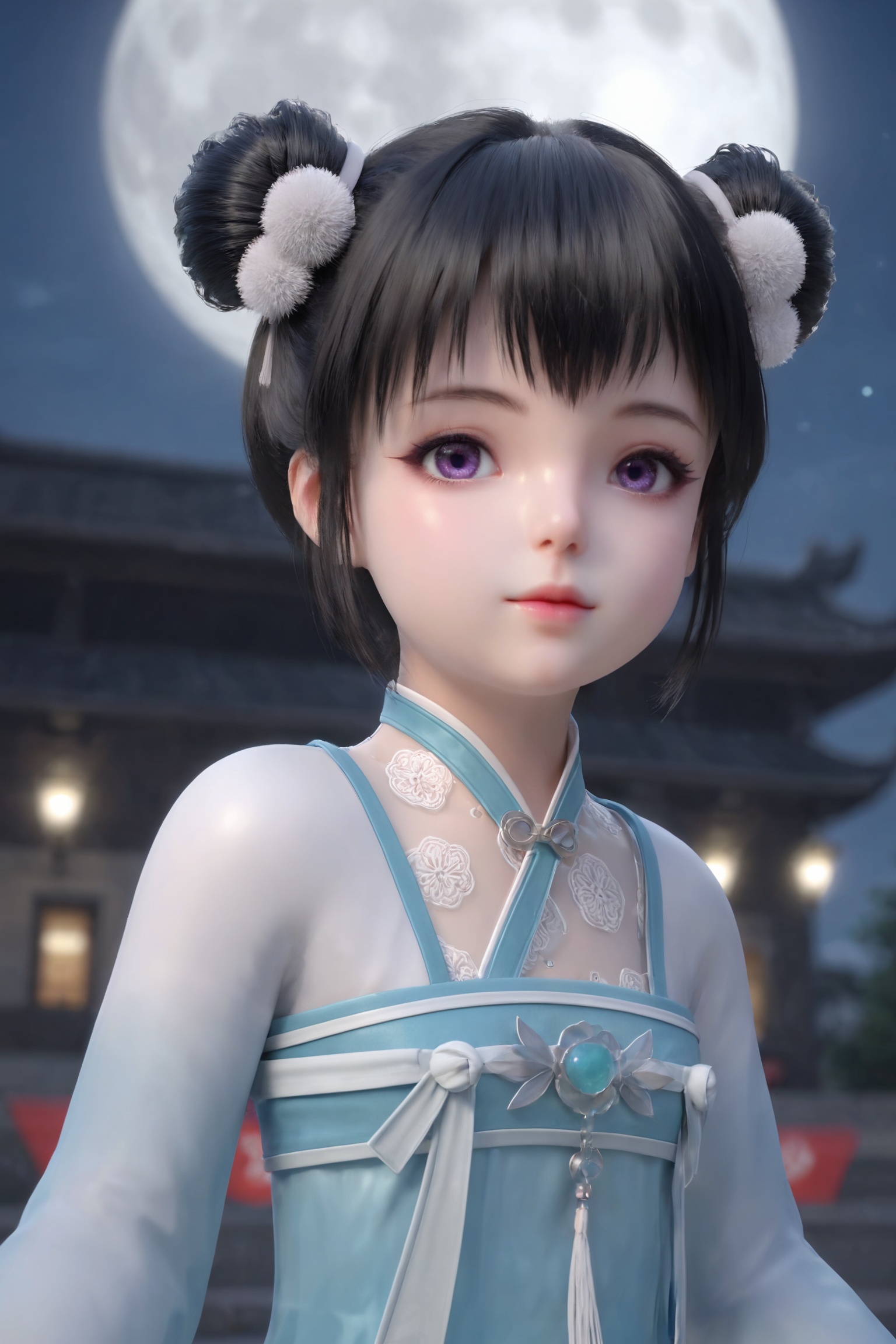 1girl,dark hair,two buns,white pom-poms,purple eyes,traditional East Asian-inspired outfit,light blue,long-sleeved dress with intricate lace patterns,high collar,knee-high white socks,white shoes,1girl,solo,shiny,shiny_hair,upper_body,fair_skin,white_skin,shiny_skin,shiny,Ivory_skin,looking at viewer,cinematic lighting,volumetric lighting,solo focus,blurry background,depth of field,night,sky,night sky,full moon,moonlight,<lora:仙武传-若曦06:0.7>,