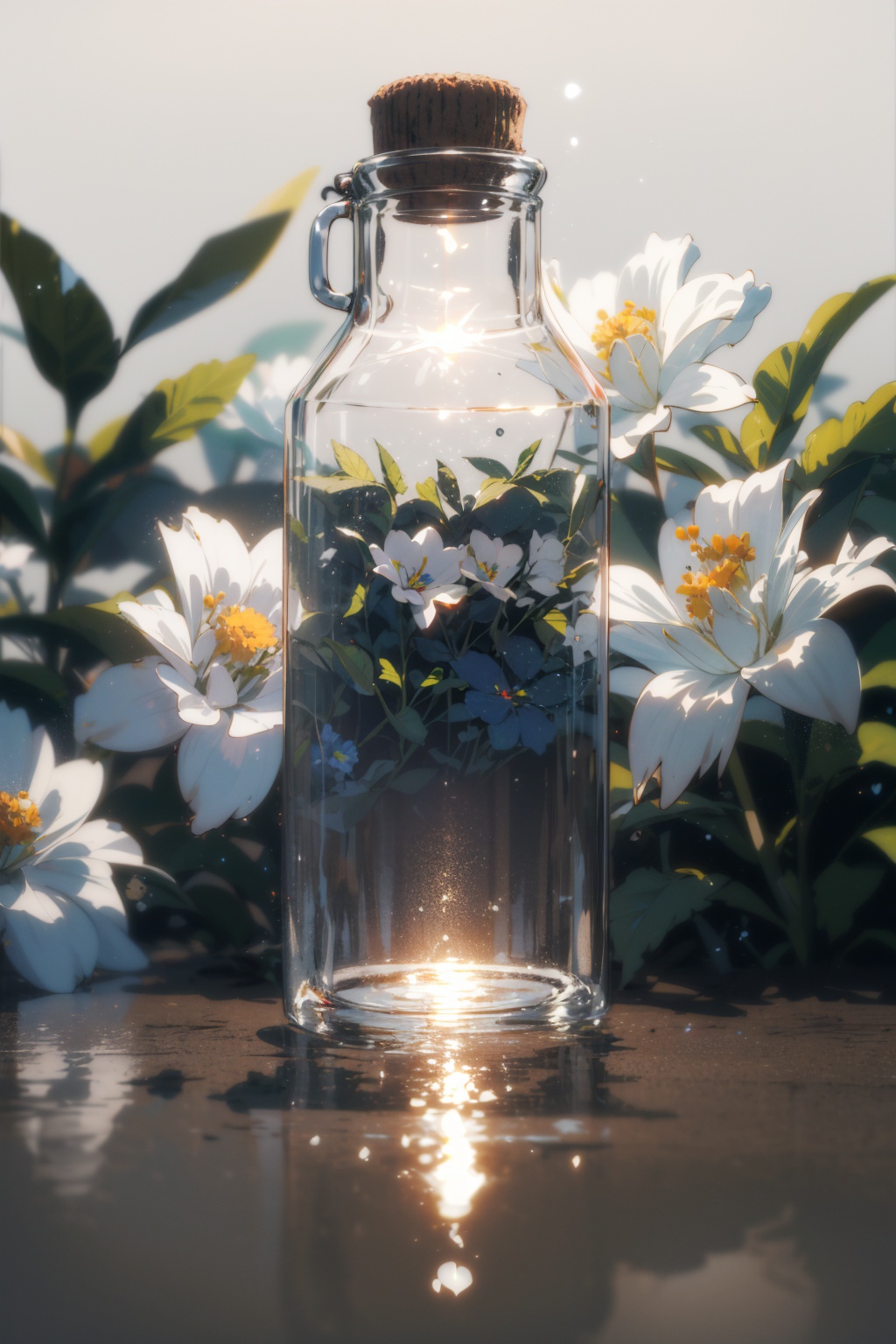 masterpiece,best quality,(ray tracing,cinematic lighting),glass bottle,close-up,white flower,blurry background,grey background,blurry foreground,simple background