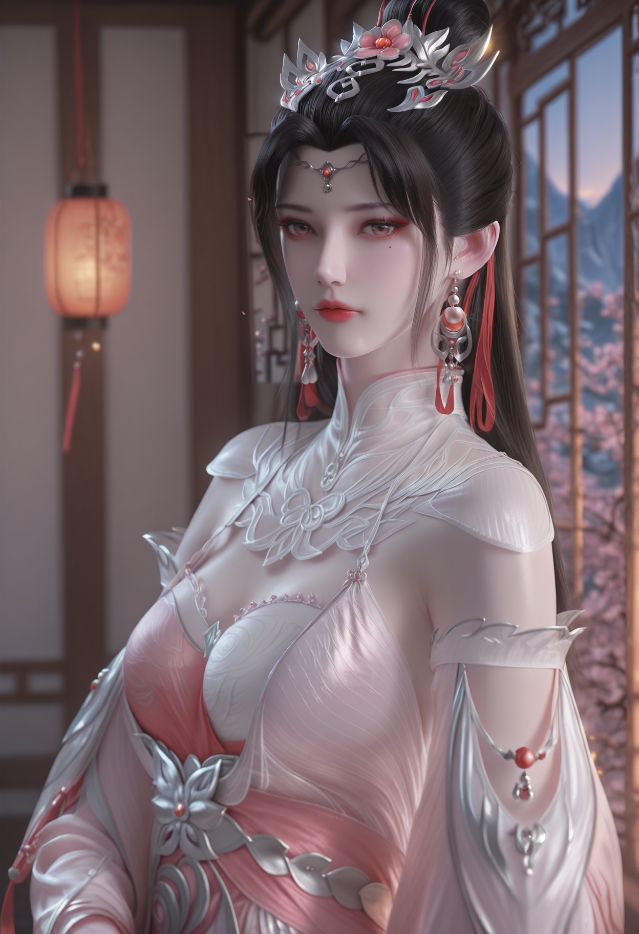 Liu_mei,1girl,bare legs,black hair,hair ornament,jewelry,hair bun,earrings,blurry background,mole under eye,makeup,hair bun,dress,white dress,pink dress,chinese clothes,see-through,long sleeves,clothing cutout,anklet,pink footwear,red footwear,red hair ribbon,photorealistic,hyperrealistic,<lora:realistic filter [IL]:1>,(pale skin),looking at viewer,standing,(upper body:1.2),close up,head shot,lantern,open window,looking at viewer,indoors,mountains,blossoms,flowers,east asian architecture,beautiful sunrise,warm ambient temperature,<lora:Liu_mei_10_illu-000005:0.75>,