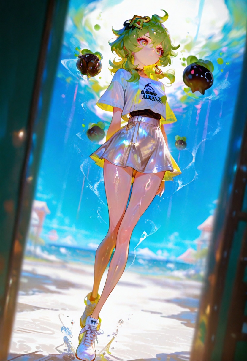 best_quality,masterpiece,cute painting style,perfect body,wide hips,slim waist,thin legs,thin waist,full body,shiny skin,collei_(genshin_impact),Adidas T-shirt,miniskirt,White Adidas sneakers,depth of field,dutch angle,photorealistic,shiny skin,vibrant,(distant shot:1.2),masterpiece,best quality,amazing quality,very aesthetic,absurdres,newest,volumetric lighting,looking at viewer,8k,dynamic angle,illustration,intricate details,neon_blue background,dynamic posing,vibrant illustration,fashion details,(floating a chibi character:1.2),wearing matching colors,long_legs,longeyelashes,closed mouth,