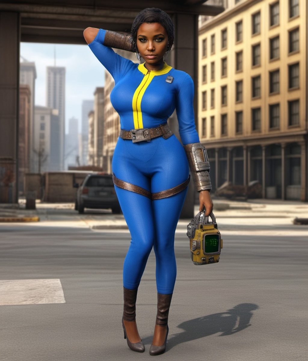 Dystopian style a cute black woman wears a blue and yellow outfit,  a computer wrist,  a belt on Tensor.Art