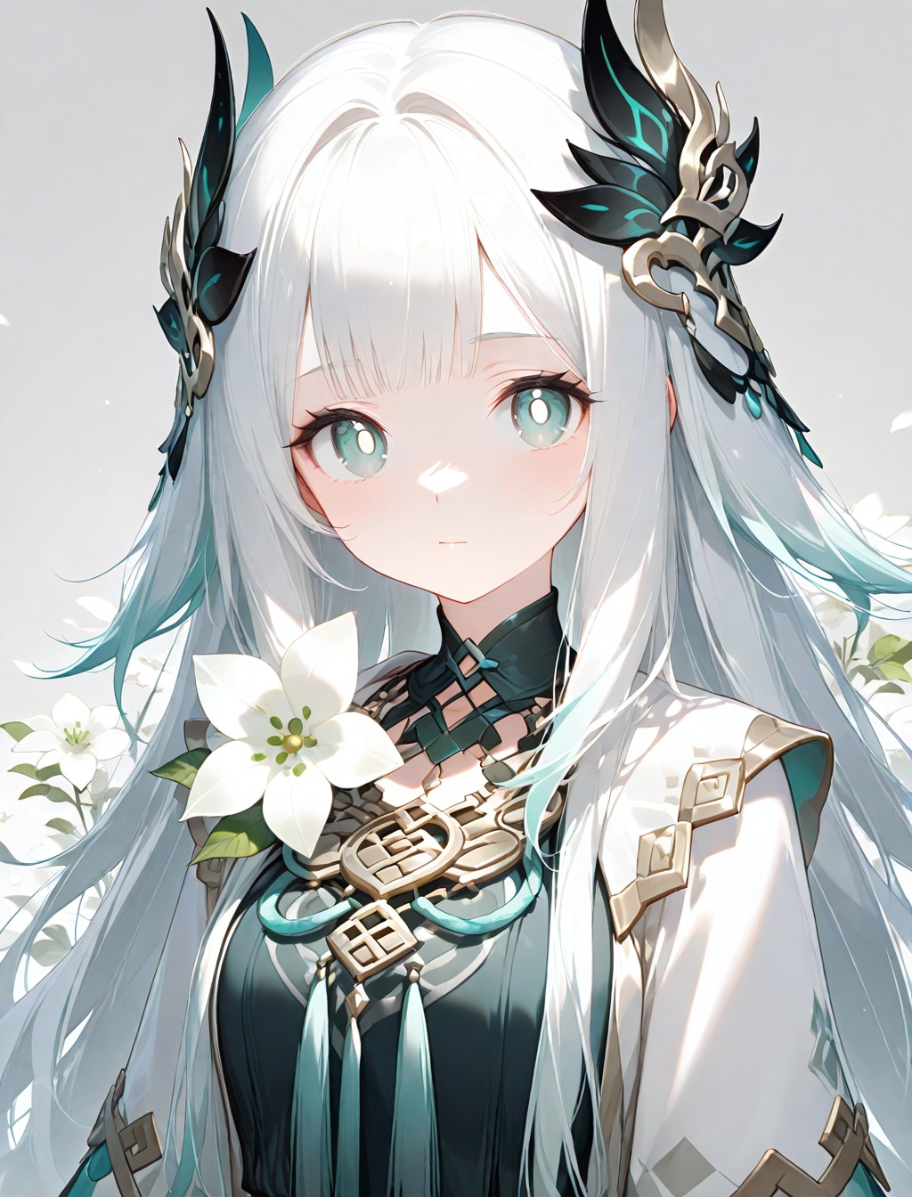(masterpiece),(best quality),1girl, bangs, bright_pupils, closed_mouth, flower, grey_background, hair_ornament, long_hair, looking_at_viewer, solo, upper_body, very_long_hair, white_flower, white_pupils
