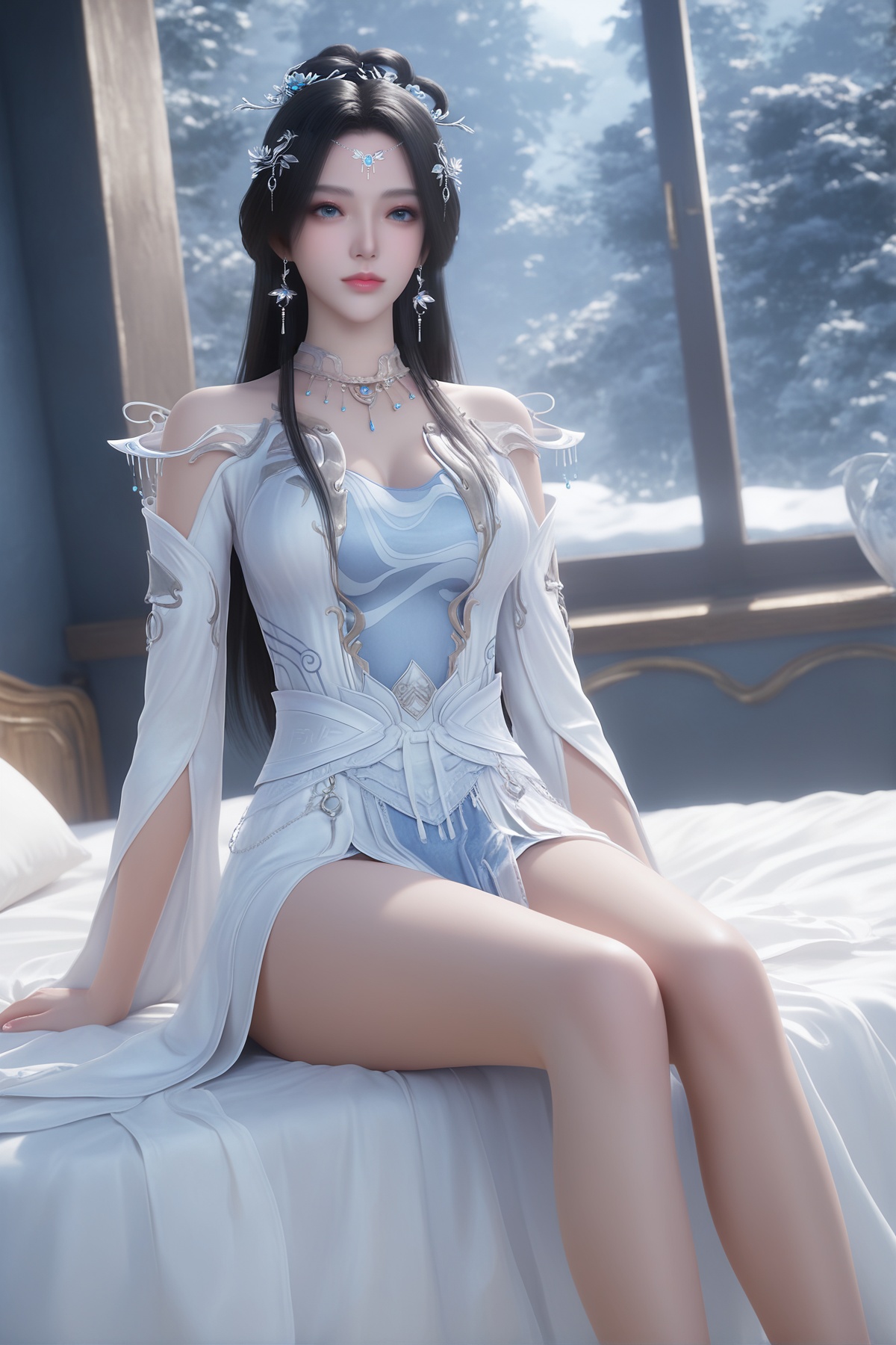 masterpiece,best quality,realistic,cinematic,detail eyes,(ultra-detailed),perfect composition,intricate details,absurdres,detailed face,high quality,high res,8K,<lora:X_anmiaoyi_IL3.0:0.8>,black hair,blue eyes,1girl,long hair,breast,medium breast,hair_ornament,dress,bare_legs,sitting,bed,window,