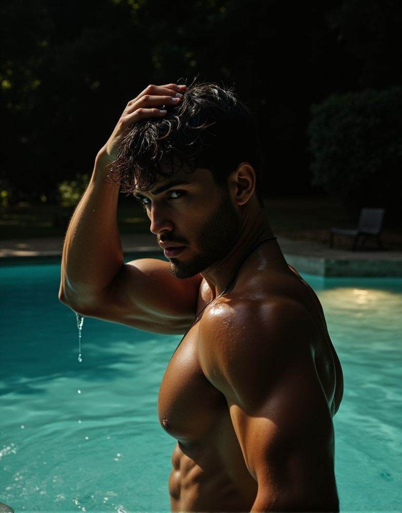 Dark Moody Atmosphere,  aaron owen ,  emerging from a swimming pool on Tensor.Art