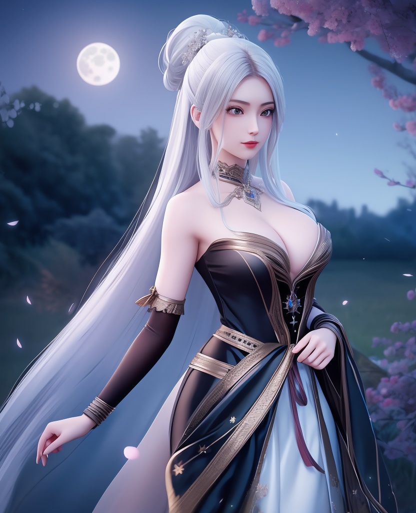 <lora:654-DA-诛仙-小白:0.8>(,1girl, ,best quality, ),looking at viewer,  ,ultra detailed background,ultra detailed background,ultra realistic 8k cg,, ,masterpiece, (( , )),, ,   ,   cure blossom, full moon,night,night sky,  (cleavage), (), ,,