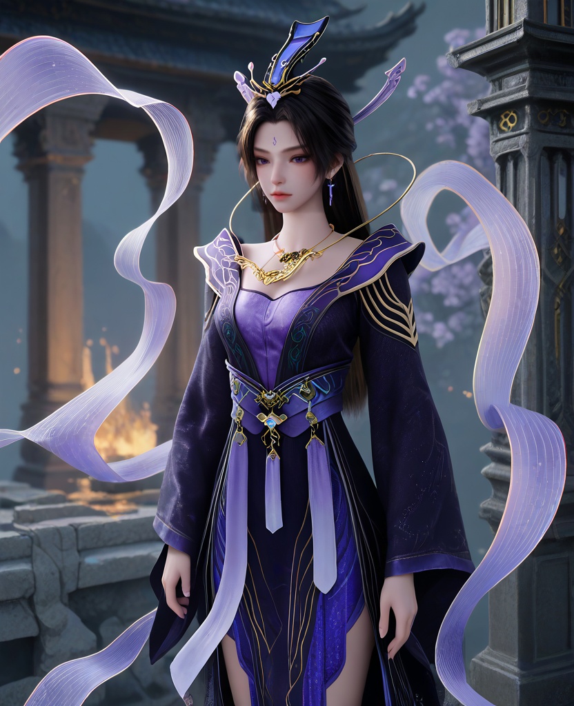 (oriental architecture, elegant decor, sophisticated style:1.1),(Head slightly tilted, a hand delicately lifting an invisible veil, she beckons intrigue and allure:1.1),(breasts:1.2),<lora:XL16遮天紫府圣女紫霞:0.95>,miss zixia,atropurpureus dress,violet camisole,blue violet petticoat,amaranth eyes,forehead mark,black hair,very long hair,half-up crown ponytail,hair ornament,necklace,earrings,sash,wide sleeves,silk shawl,pelvic curtain,, score_9,score_8_up,score_7_up,score_6_up,score_5_up,score_4_up,3d rendering,tag1,tag2, Cinematic Lighting,backlighting,
