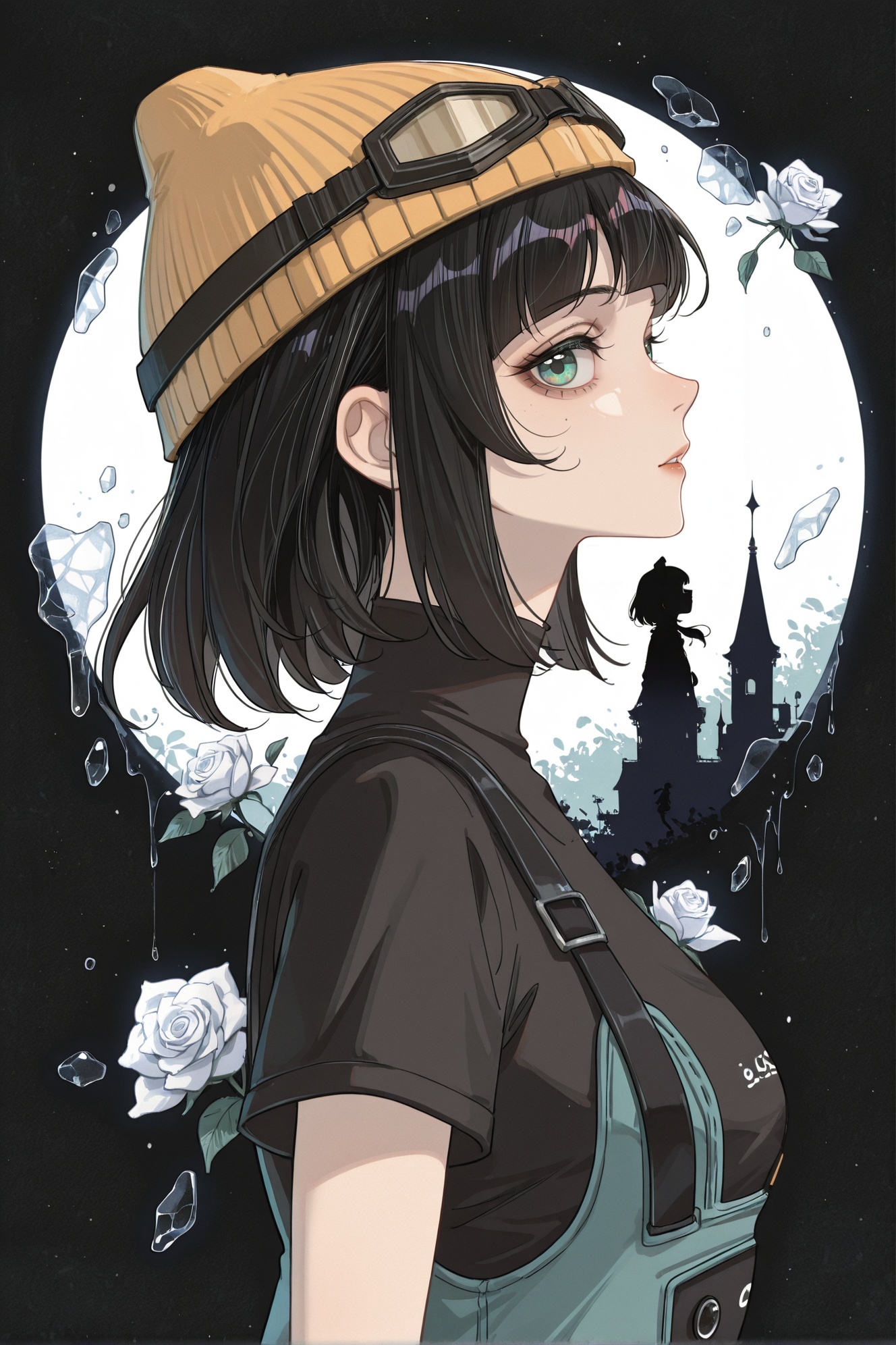 8k,best quality,masterpiece,(ultra-detailed),(high detailed skin),<lora:hanf-ill-Tanger:0.8>,artist: hanf,Fantasy Style,Grunge,masterpiece,high_quality,highres,woman,portrait,monochromatic color,black,ethereal woman in soft light,shadow crawling behind her expression,neutral,looking at viewer,dream or illusion,palette porcelain skin,pale rose,deep black,style surreal,cinematic,angle half-lit portrait,profile,circle,silhouette,glass fragments,<lora:Susie-ill-Tanger-000014:0.8>,Susie \(Zenless Zone Zero\),clothes: Susiedef casual outfit,cyan overall dress,1girl,black hair,green eyes,goggles,yellow hat,short hair,short sleeves,<lora:Sketchy_Pinup_Style_Illu_Edition:0.8>,SP-Illu,