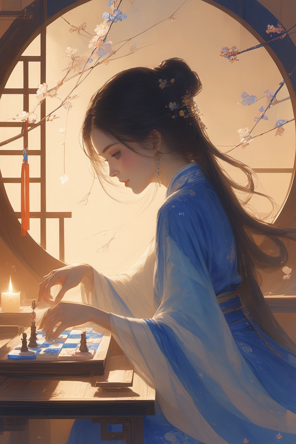 1girl,long hair,solo,jewelry,earrings,sitting,board game,flower,circular window,window,dress,chinese clothes,from side,hair ornament,hair bun,long sleeves,blue dress,black hair,table,indoors,looking down,hanfu,single hair bun,profile,brown hair,candle,light,GFGF