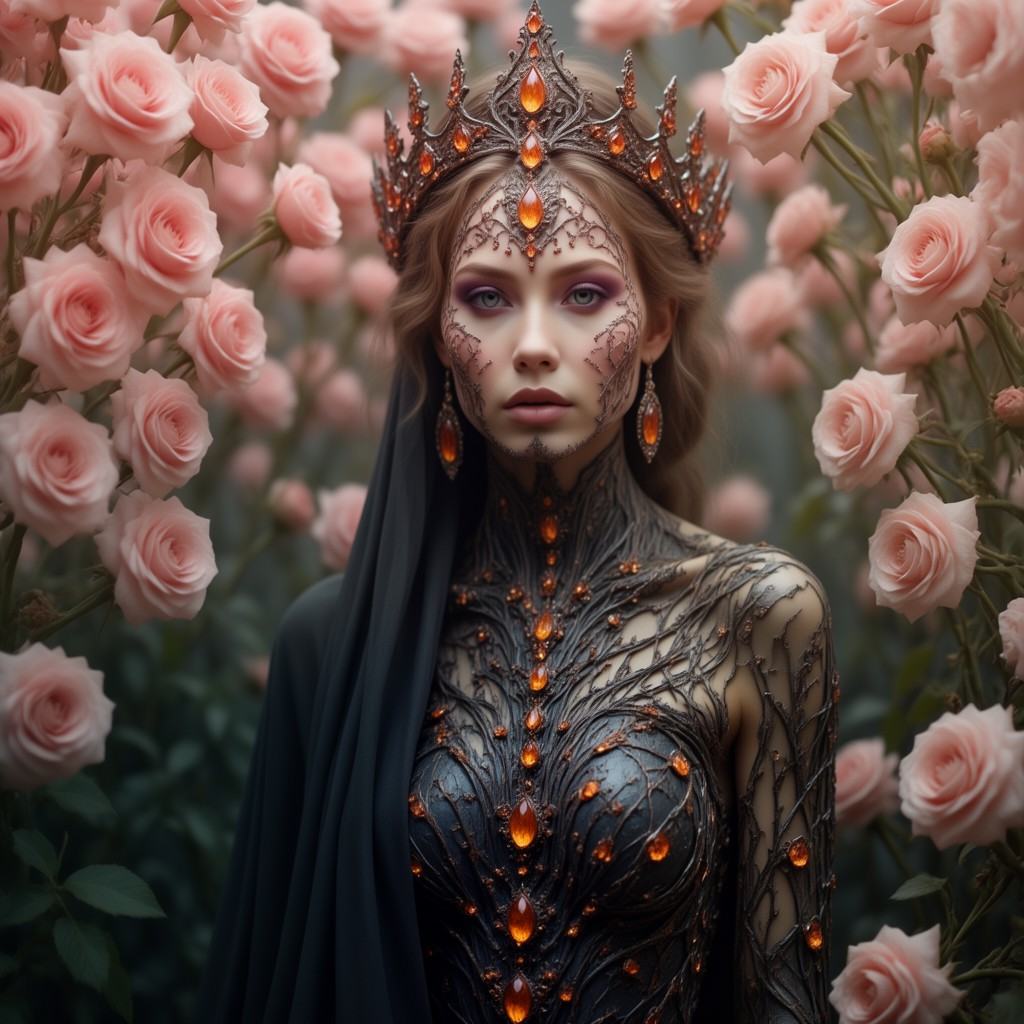 This is a highly detailed,  digital fantasy artwork depicting a young woman with an ethereal,  otherworldly appearance. Sh...