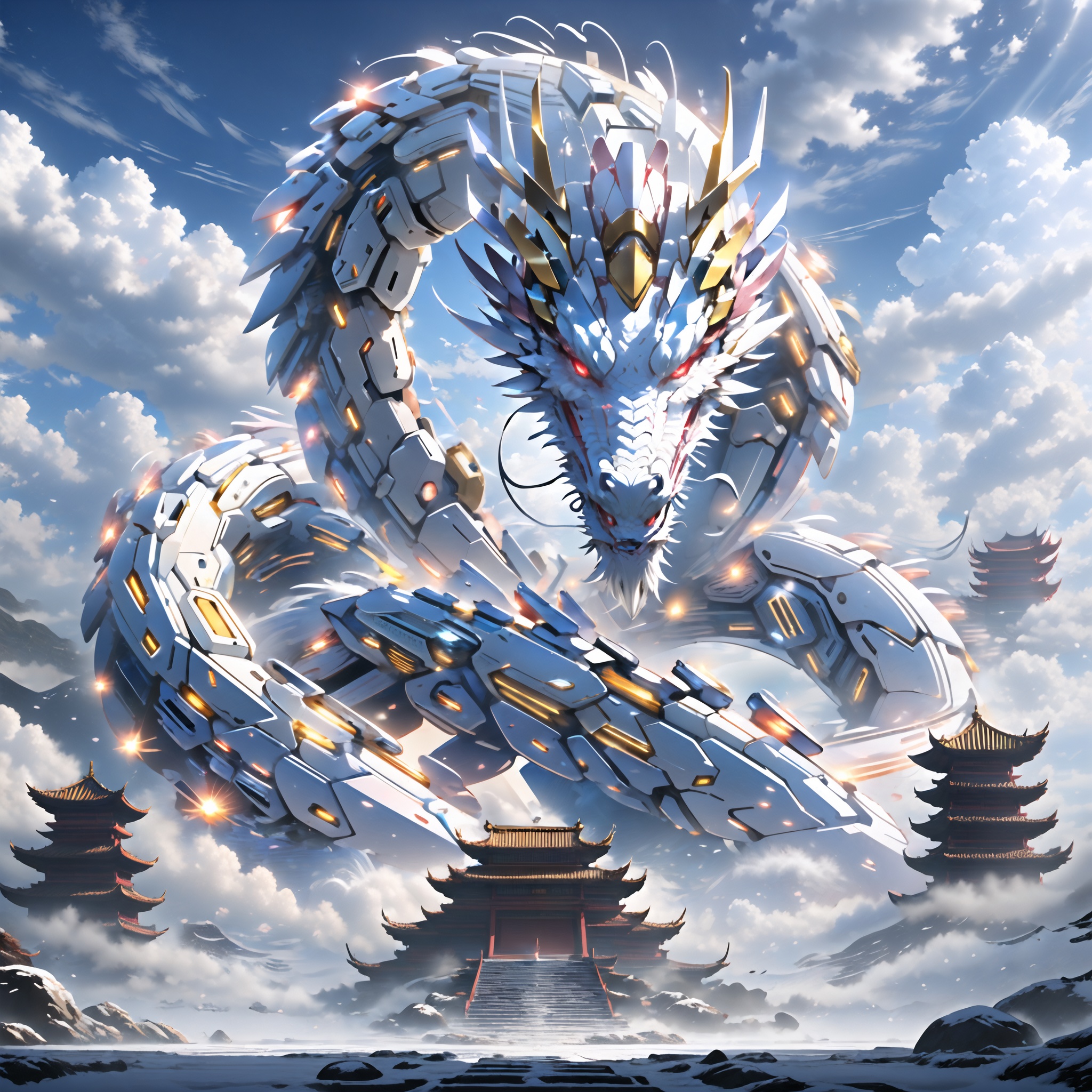 a mecha dragon,<lora:mecha_loong_v1:0.7>,8k,High quality,high quality,morning sunshine,glowing body,mechanical joint,orange led light,high detailed mecha,high-precision mecha,mecha,exoskeleton mechanical armor,mecha dragon,a dragon is flying through the air with clouds in the background and a building in the foreground with a sky background,red eyes,outdoors,horns,sky,growing joint,day,cloud,blue sky,no humans,glowing,cloudy sky,scenery,dragon,architecture,east asian architecture,eastern dragon,pagoda,building,flying,jet device,high detailed,white mecha,HD,black joint,